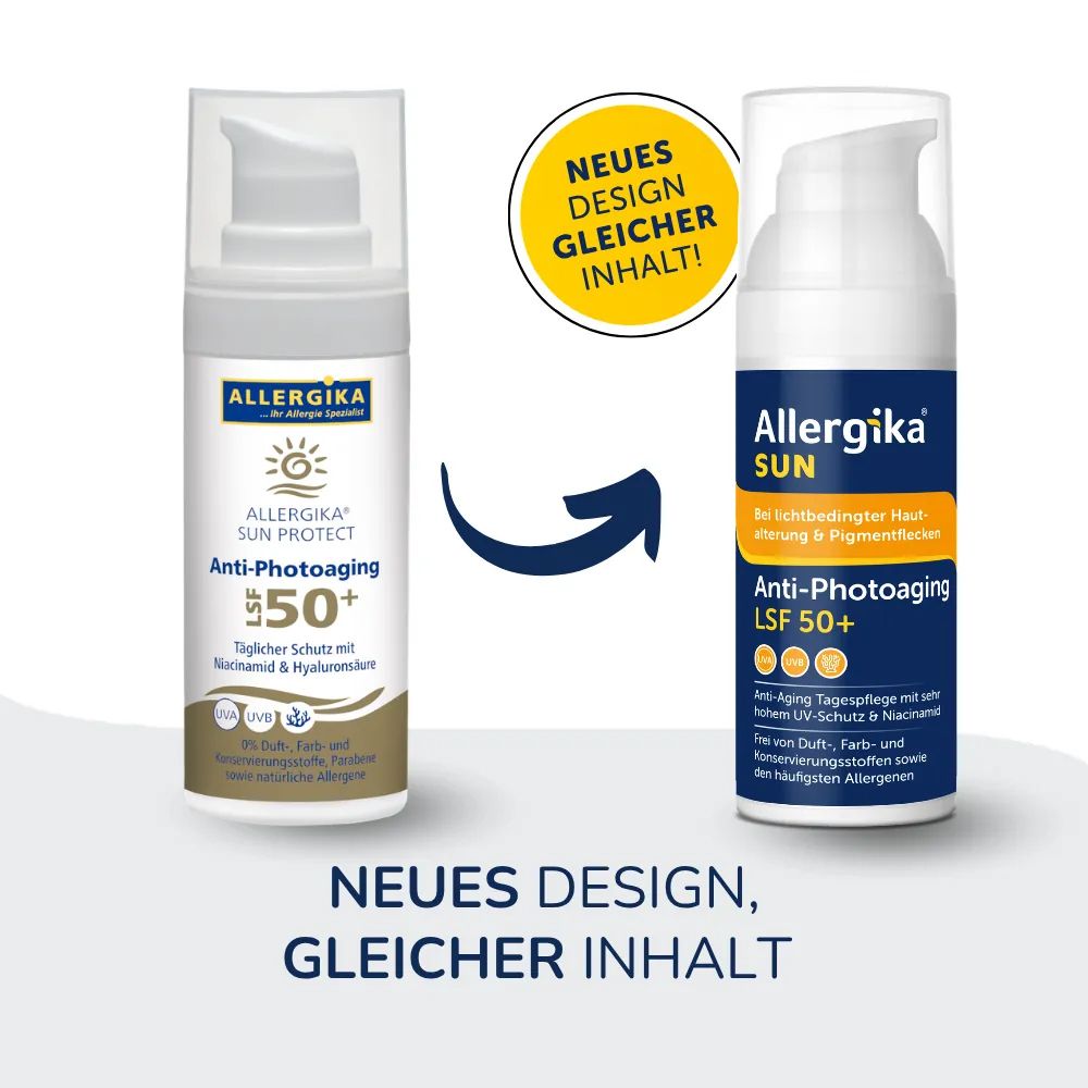 Allergika Sun Protect Anti-Photoaging LSF 50+ mit Pumpspender. Neues Design, gleicher Inhalt.