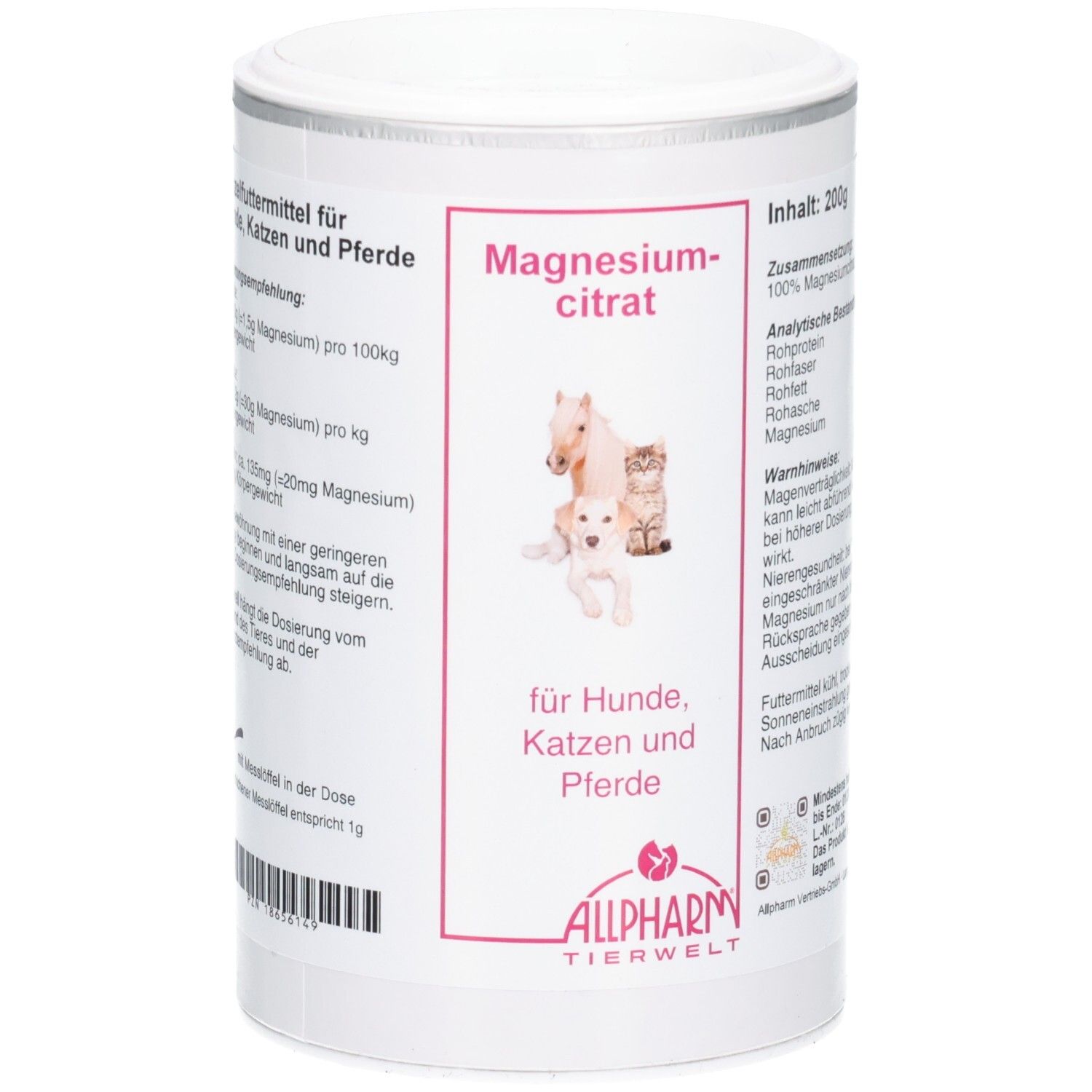 Dose mit Magnesiumcitrat für Hunde, Katzen und Pferde von Allpharm Tierwelt, 200g.