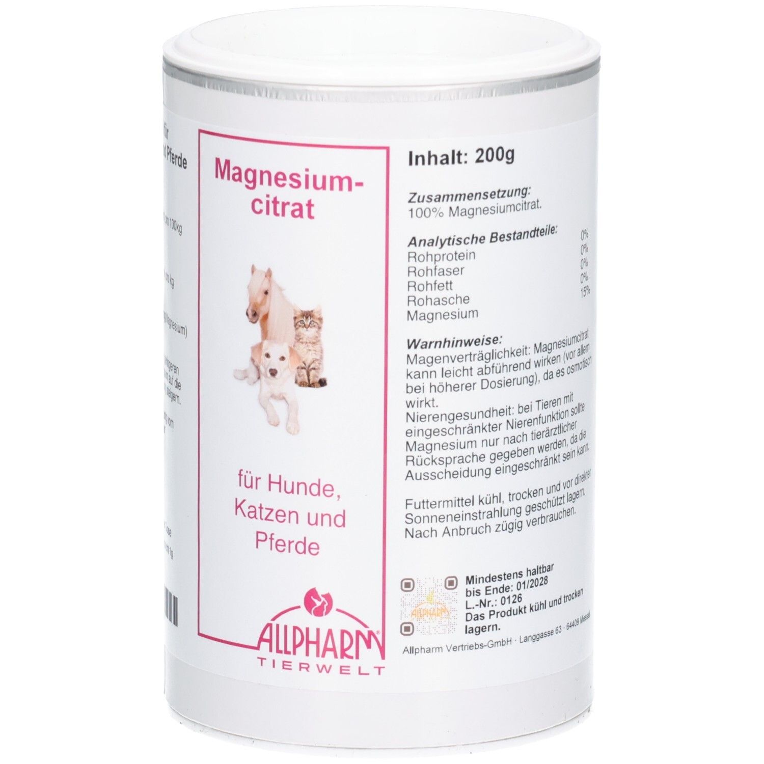 Dose mit Magnesiumcitrat für Hunde, Katzen und Pferde von Allpharm Tierwelt, 200g.