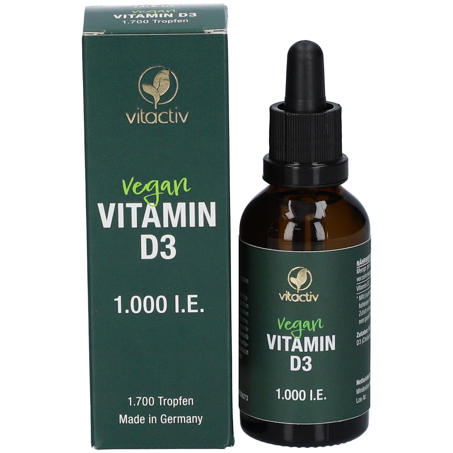 Braune Glasflasche mit Tropfer und Verpackung. Aufschrift: Vegan Vitamin D3 1.000 I.E.
