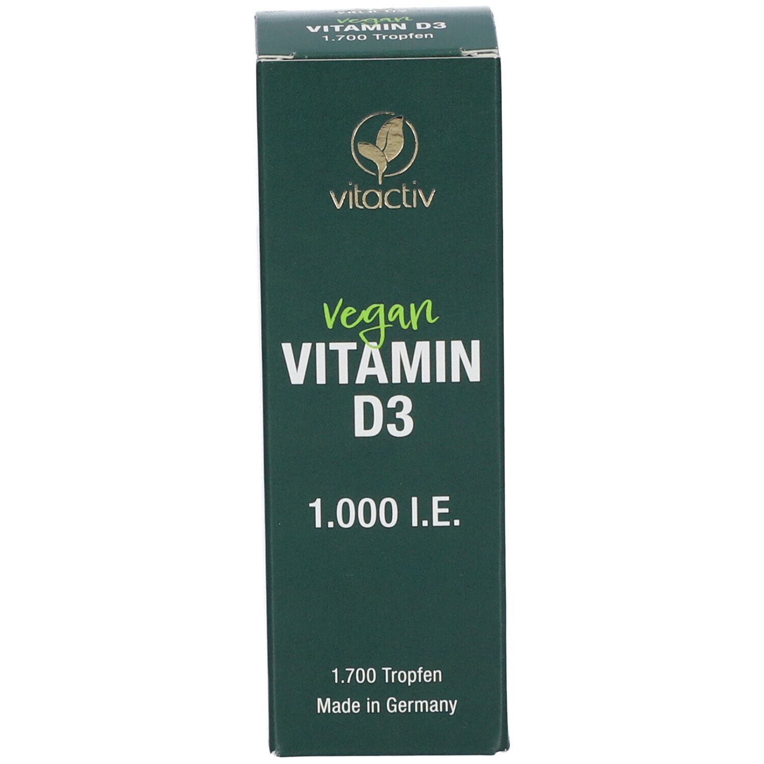 Grüne Verpackung. Aufschrift: Vegan Vitamin D3 1.000 I.E. vitactiv Logo.