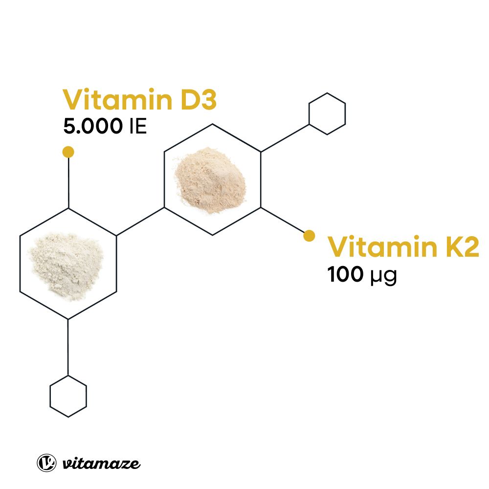 Représentation graphique de la vitamine D3 et K2. Poudre dans des formes hexagonales. Logo Vitamaze.