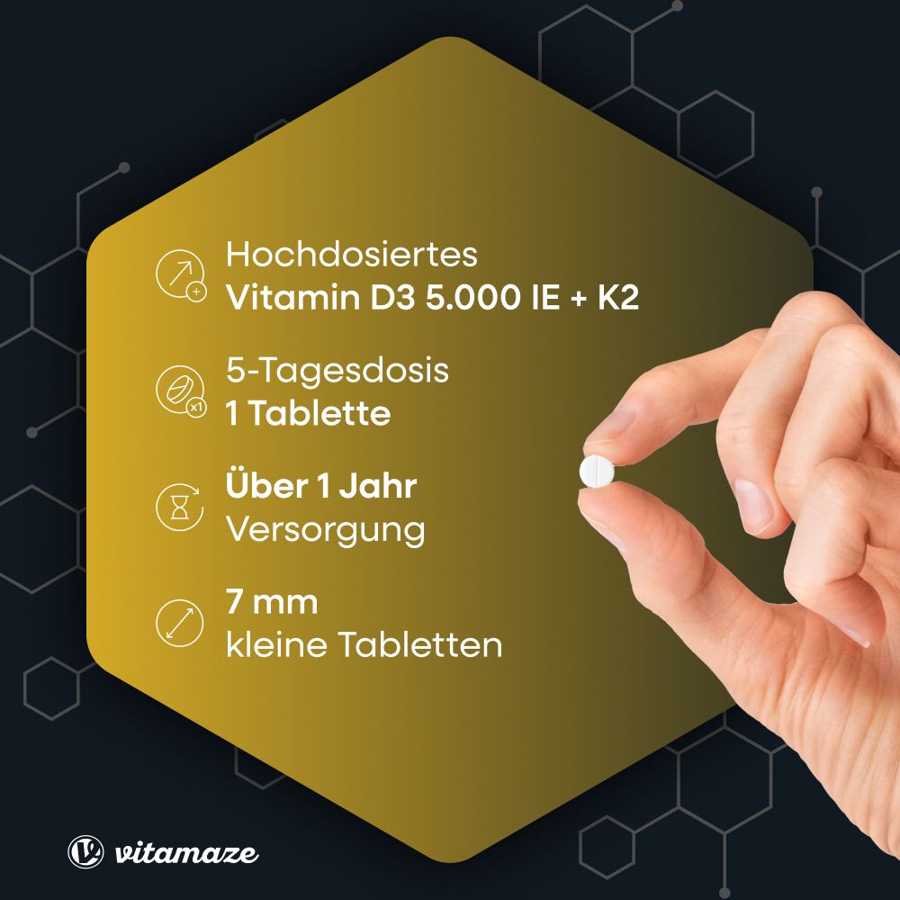 Main tenant un comprimé. Texte : Vitamine D3 5.000 UI + K2 à haute dose, petits comprimés de 7 mm.