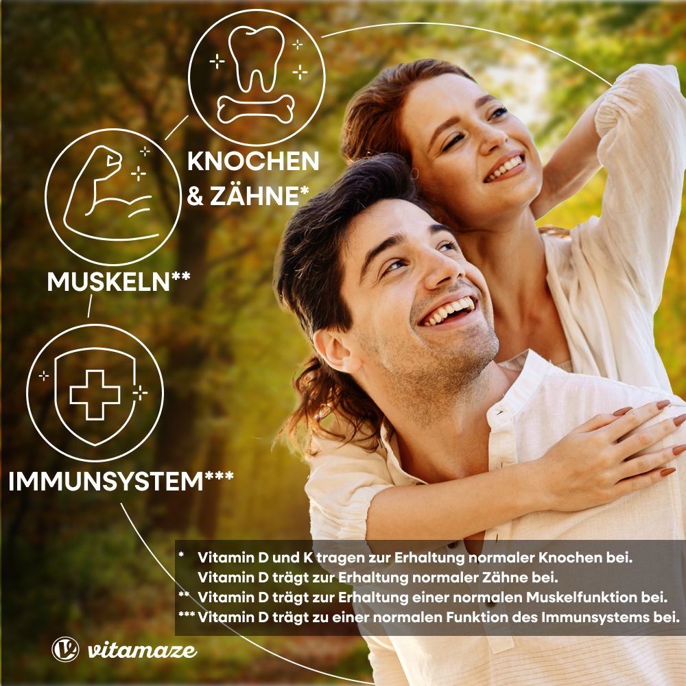 Homme et femme souriants. Graphiques : Os et dents, muscles, système immunitaire. Logo Vitamaze.
