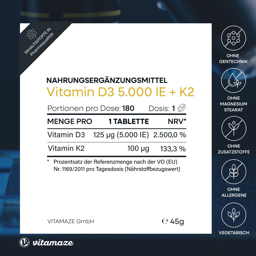 Complément alimentaire Vitamines D3 5.000 UI + K2. 180 portions. Sans OGM, etc. Logo Vitamaze.