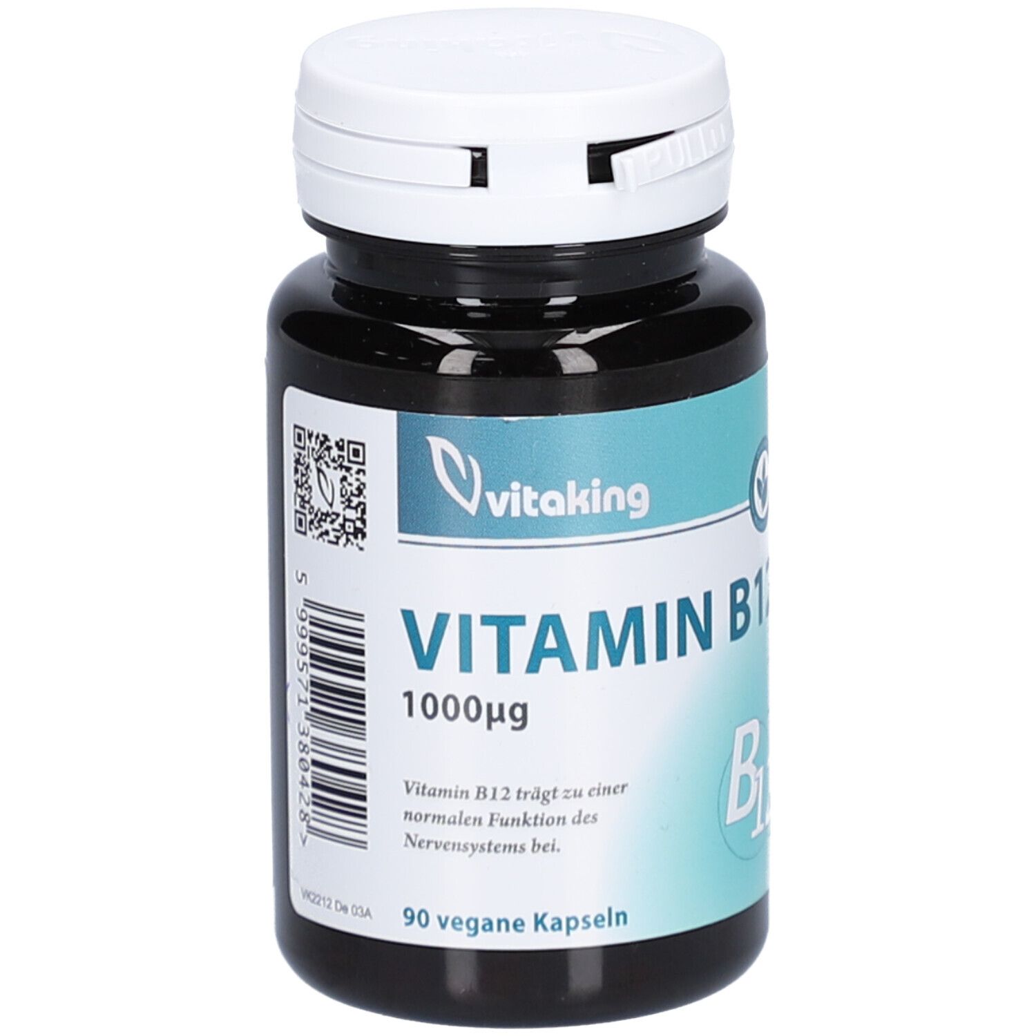 Flacon foncé, bouchon blanc. Inscription: Vitamin B12 1000µg, 90 gélules végétales. Marque: Vitaking.