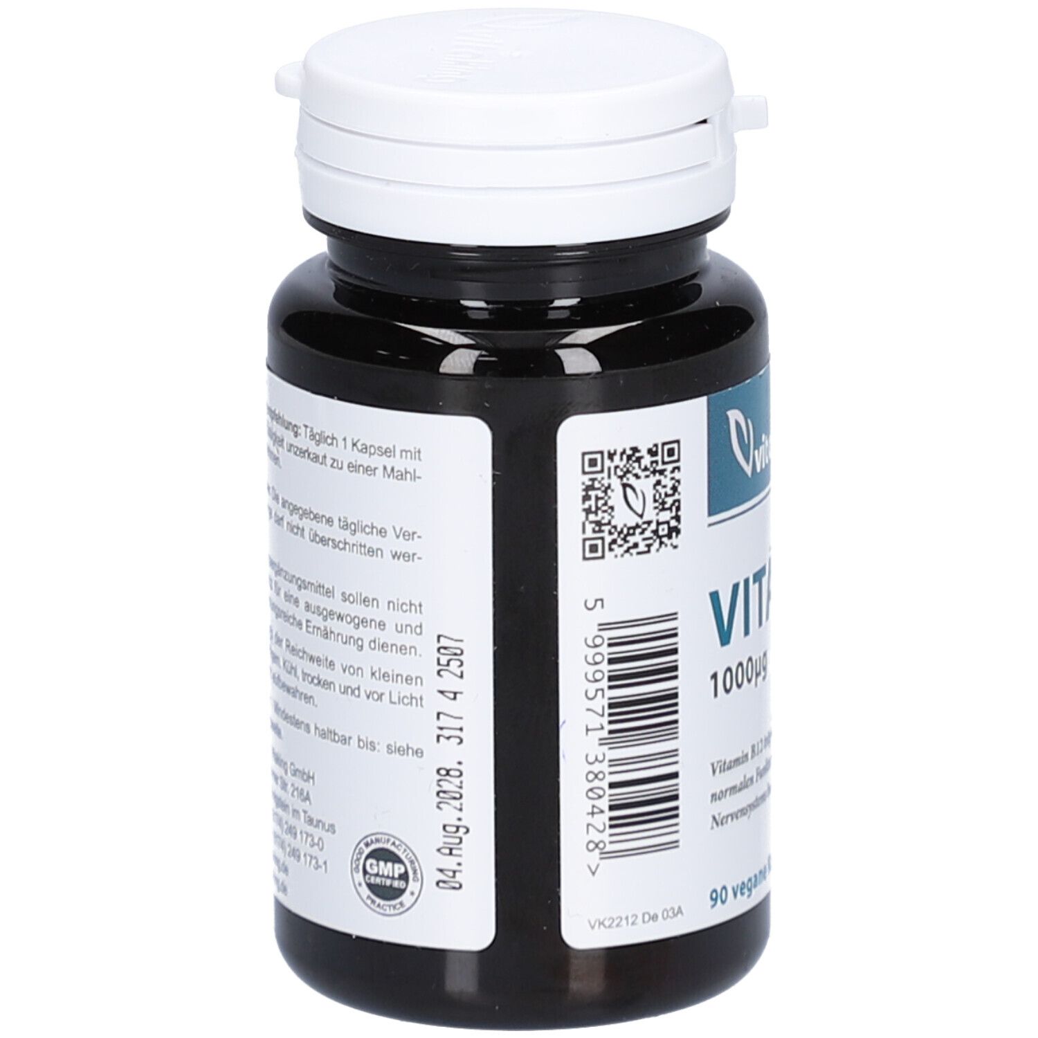 Flacon foncé, bouchon blanc. Dos avec texte et code QR. Inscription: Vitamin B12, 90 gélules végétales. Marque: Vitaking.