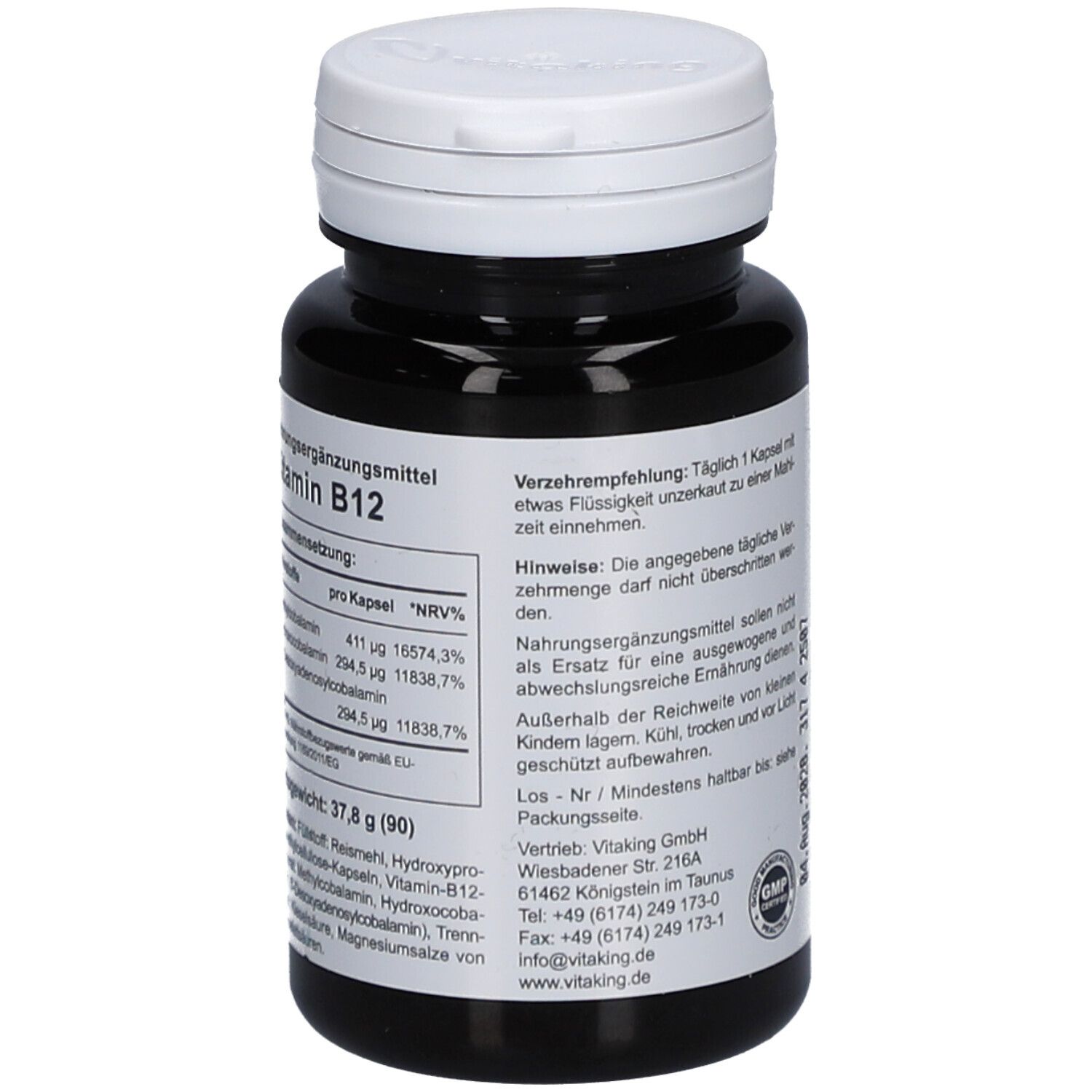 Flacon foncé, bouchon blanc. Texte sur les informations nutritionnelles et les ingrédients. Marque: Vitaking. Sceau GMP.