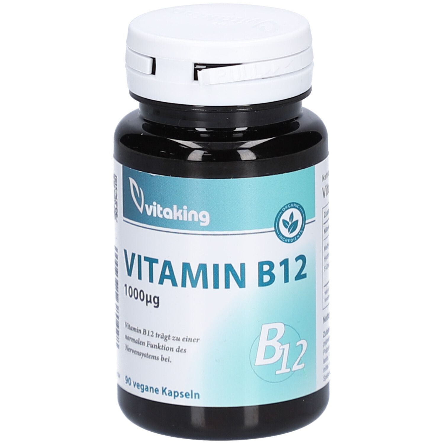 Flacon foncé, bouchon blanc. Inscription: Vitamin B12 1000µg, 90 gélules végétales. Marque: Vitaking.