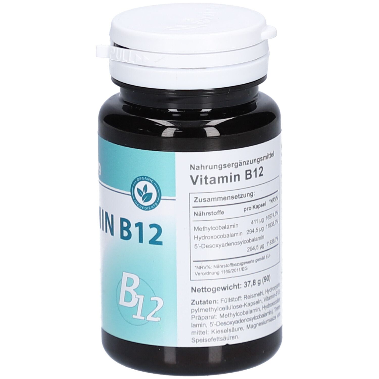 Flacon foncé, bouchon blanc. Texte sur les informations nutritionnelles et les ingrédients. Marque: Vitaking.