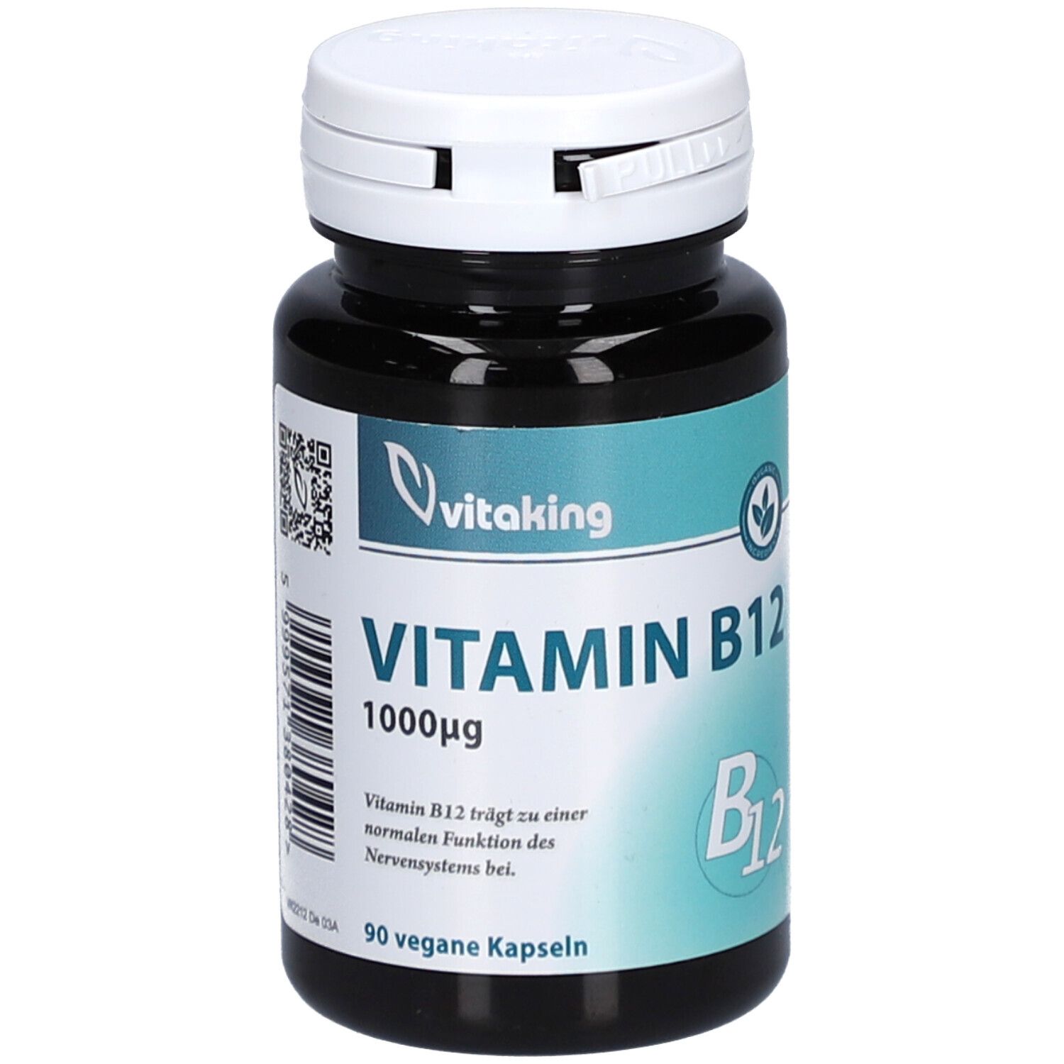 Flacon foncé, bouchon blanc. Inscription: Vitamin B12 1000µg, 90 gélules végétales. Marque: Vitaking.