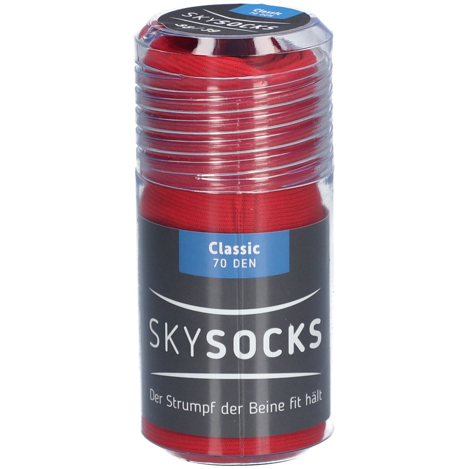 SKYSOCKS Classic 70 DEN rouges dans un emballage transparent. Inscription : SKYSOCKS, Classic 70 DEN.