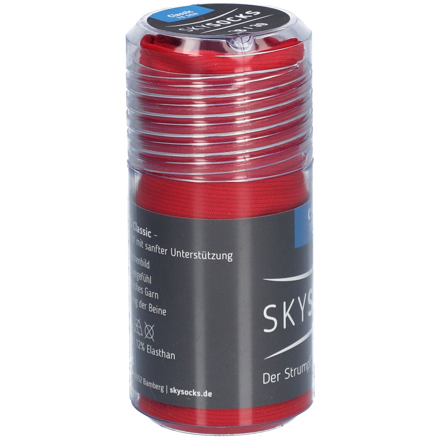 SKYSOCKS Classic rouges dans un emballage transparent. Inscription : SKYSOCKS, Classic, avec un soutien doux.