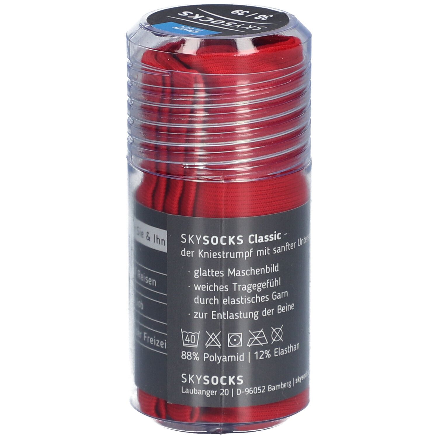 SKYSOCKS Classic rouges en emballage transparent. Inscription : SKYSOCKS Classic, 88% polyamide, 12% élasthanne.