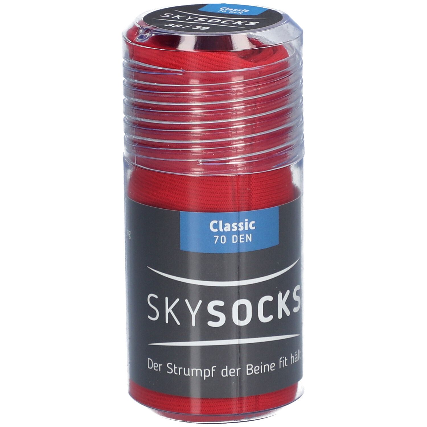 SKYSOCKS Classic 70 DEN rouges en emballage transparent. Inscription : SKYSOCKS, Classic 70 DEN, taille 38/39.