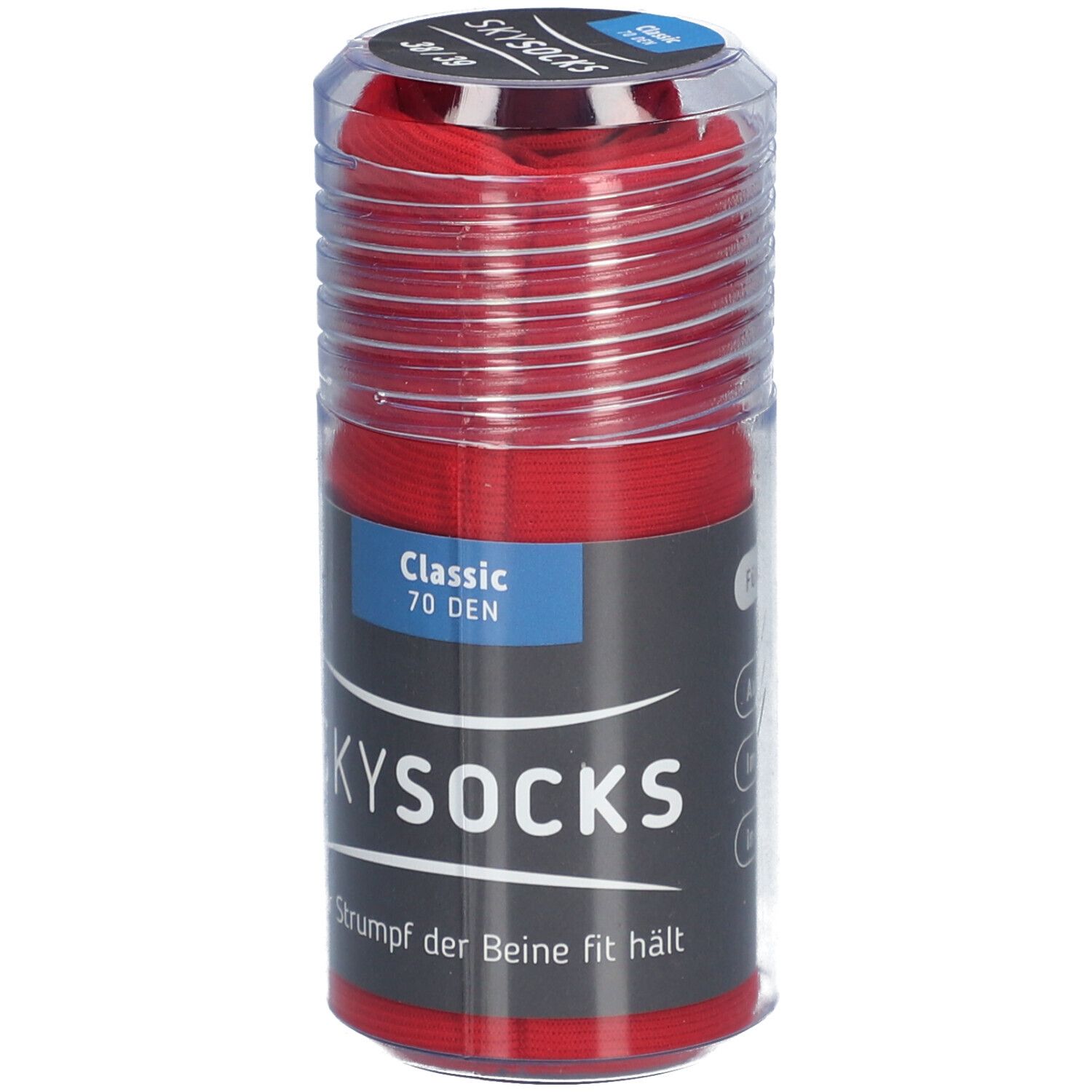 SKYSOCKS Classic 70 DEN rouges en emballage transparent. Inscription : SKYSOCKS, Classic 70 DEN, taille 38/39.