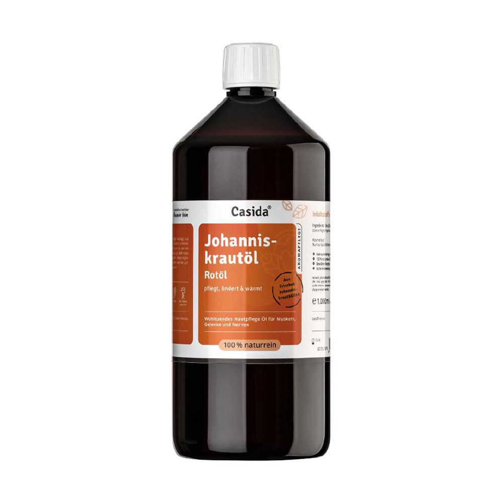 Bouteille marron avec bouchon blanc. Étiquette avec nom du produit et marque Casida® Johanniskrautöl Rotöl.