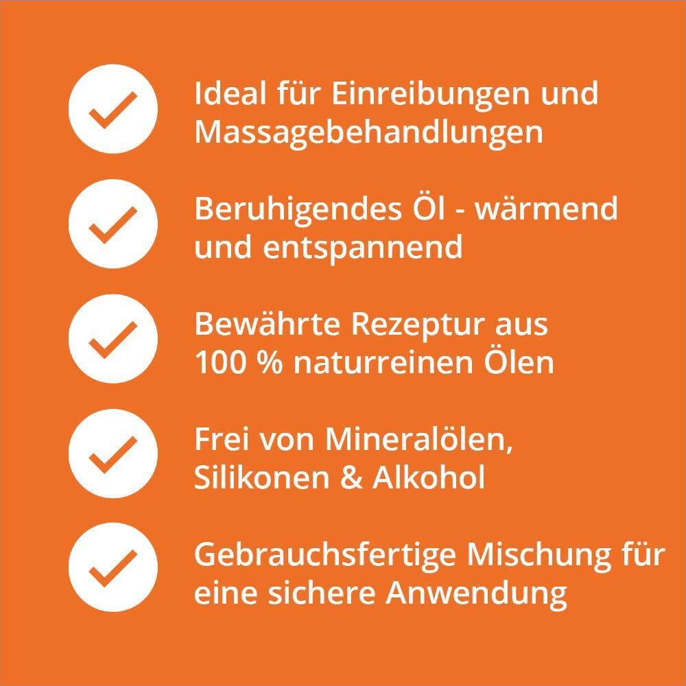 Infographie orange avec texte: Idéal pour frictions, apaisant, 100% pur, sans huiles minérales, prêt à l'emploi.