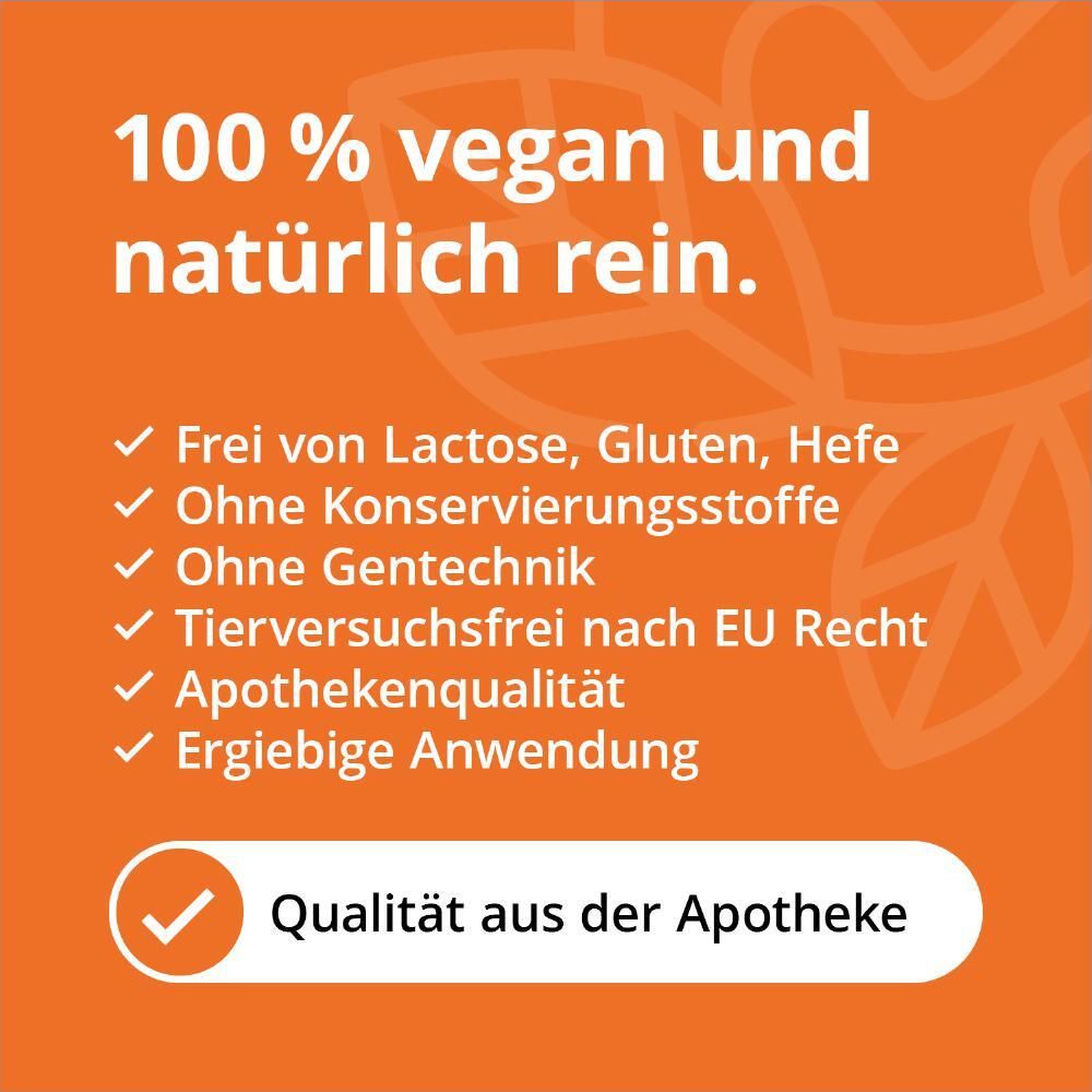 Infographie orange avec texte: 100% végétalien et naturellement pur. Sans lactose, gluten, levure, sans génie génétique, qualité pharmacie.