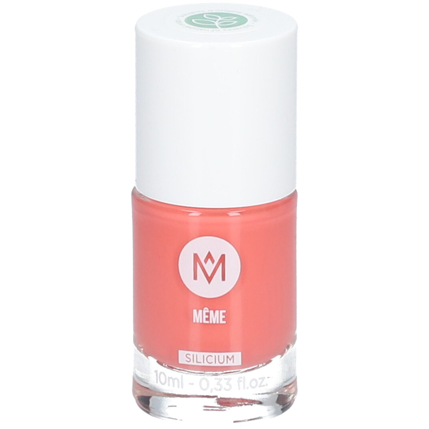 Flacon de vernis à ongles avec bouchon blanc. Vernis rose. Inscription : MÊME, SILICIUM, 10ml - 0,33 fl.oz.