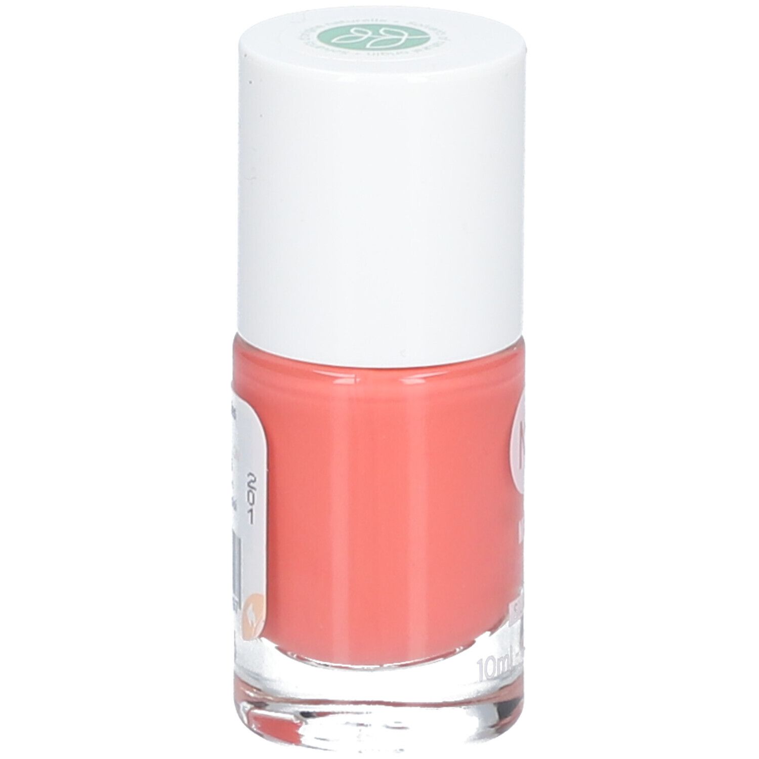 Flacon de vernis à ongles avec bouchon blanc. Vernis rose. Inscription : 201, 10ml. Autocollant avec ingrédients.