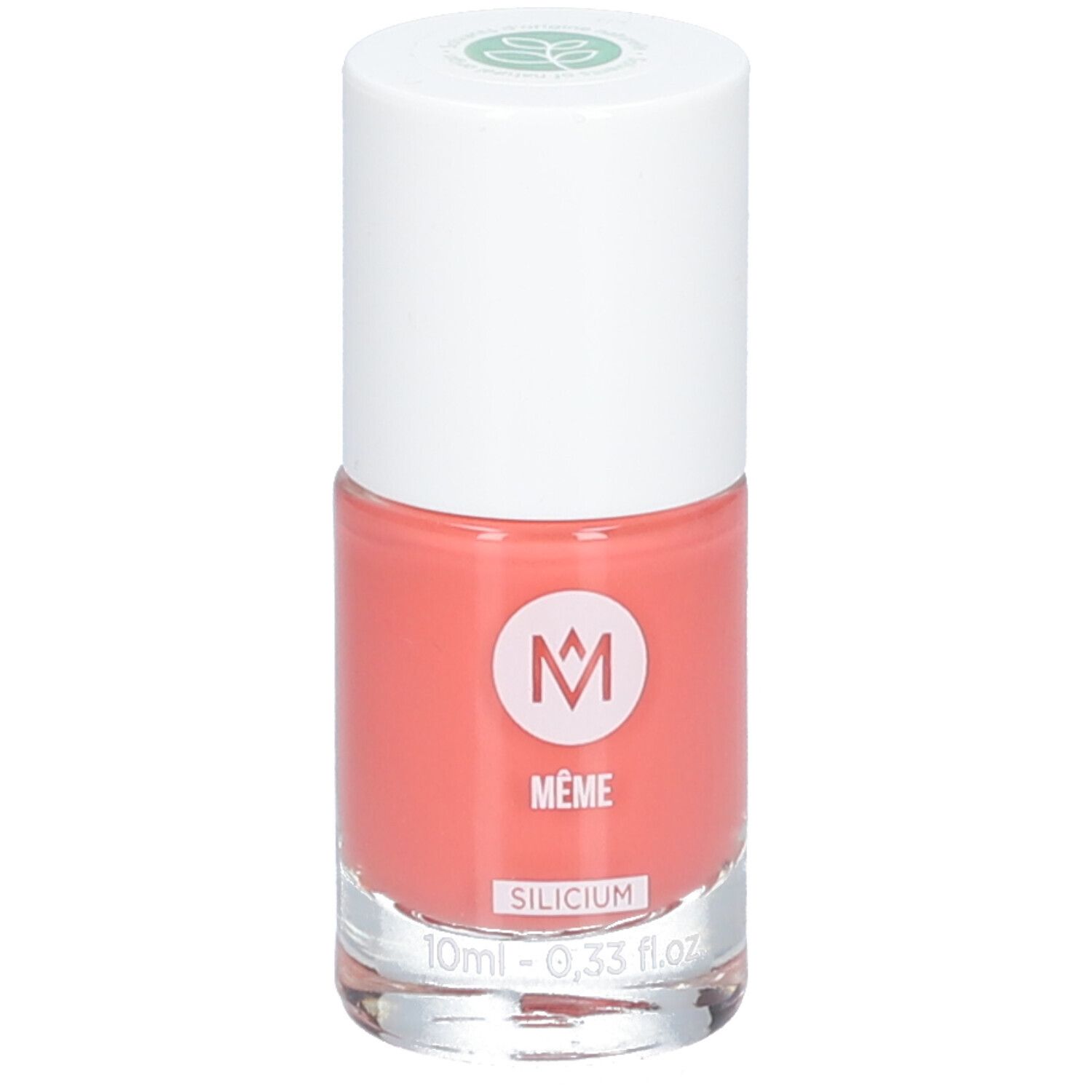 Flacon de vernis à ongles avec bouchon blanc. Vernis rose. Inscription : MÊME, SILICIUM, 10ml - 0,33 fl.oz.