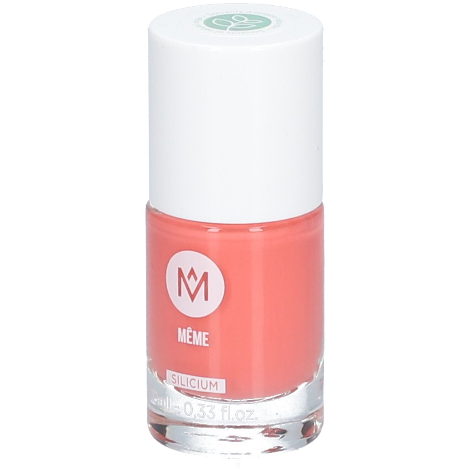 Flacon de vernis à ongles avec bouchon blanc. Vernis rose. Inscription : MÊME, SILICIUM, 10ml - 0,33 fl.oz.