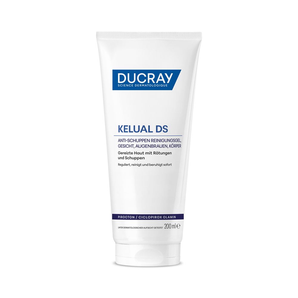Weiße Tube mit Ducray Kelual DS Anti-Schuppen Reinigungsgel, 200 ml.