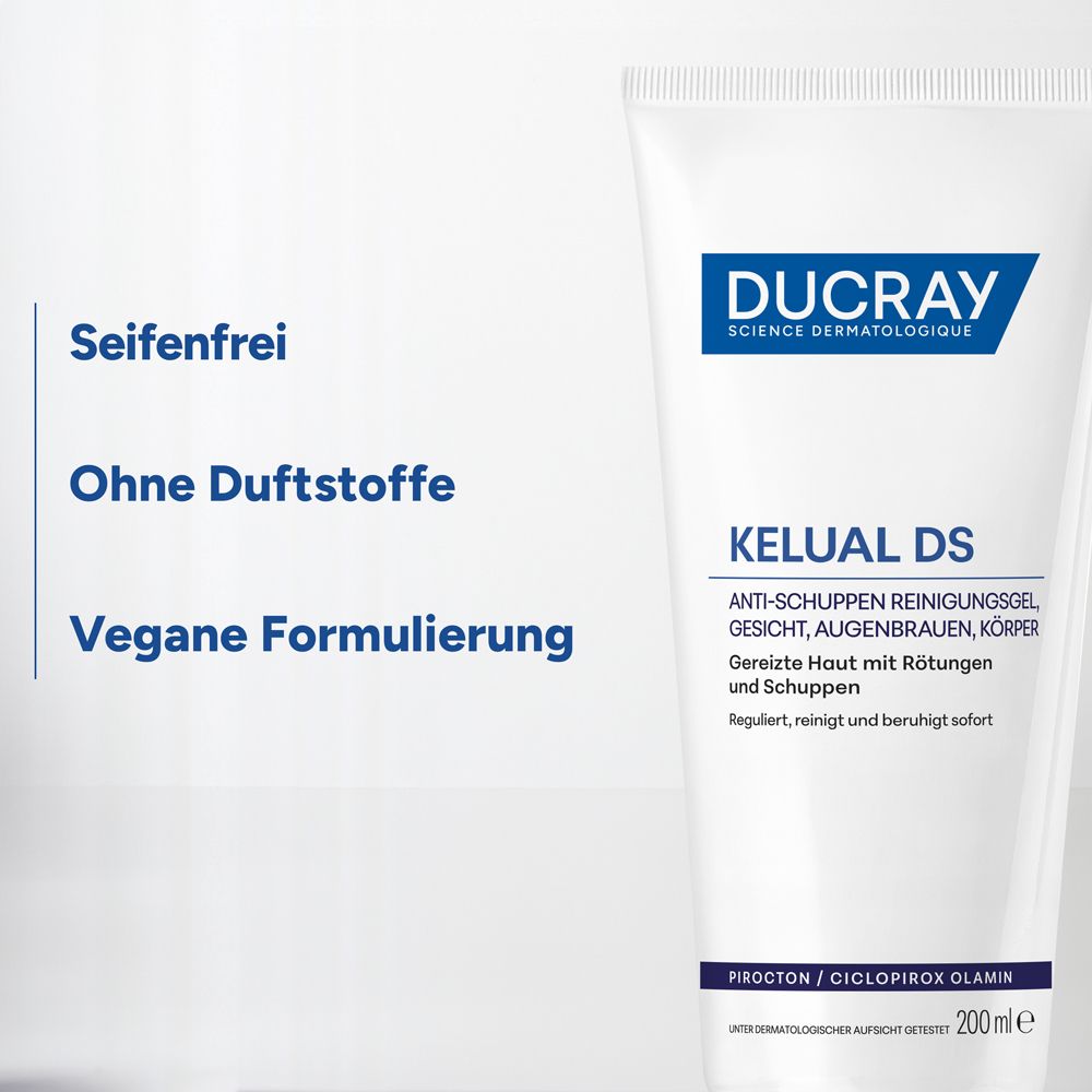 Tube Ducray Kelual DS Gel. Text: Seifenfrei, Ohne Duftstoffe, Vegane Formulierung.