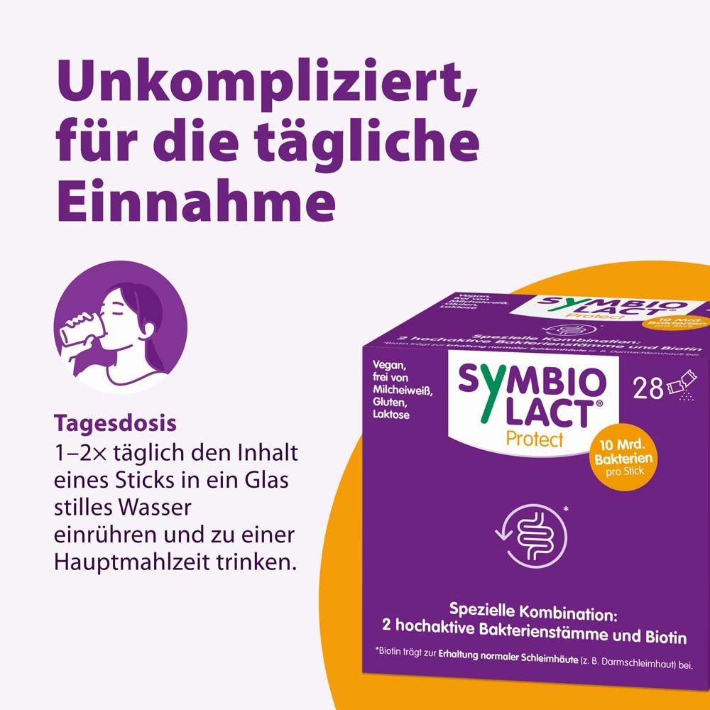 Boîte SymbioLact Protect. 28 sticks. Texte : Simple, pour une prise quotidienne. Dose journalière : 1 à 2 fois par jour dans l'eau.