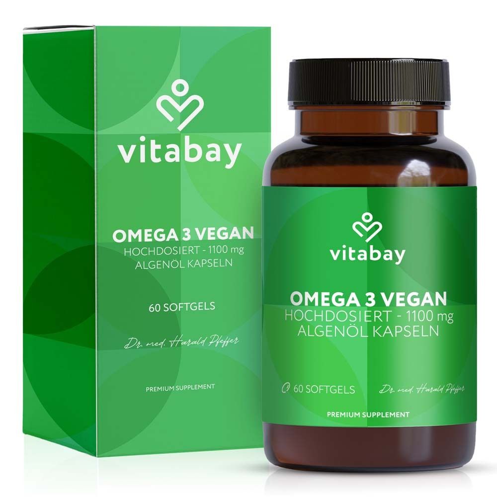 Boîte et flacon verts "vitabay® Omega 3 vegan 1100". 60 gélules. Image du produit.