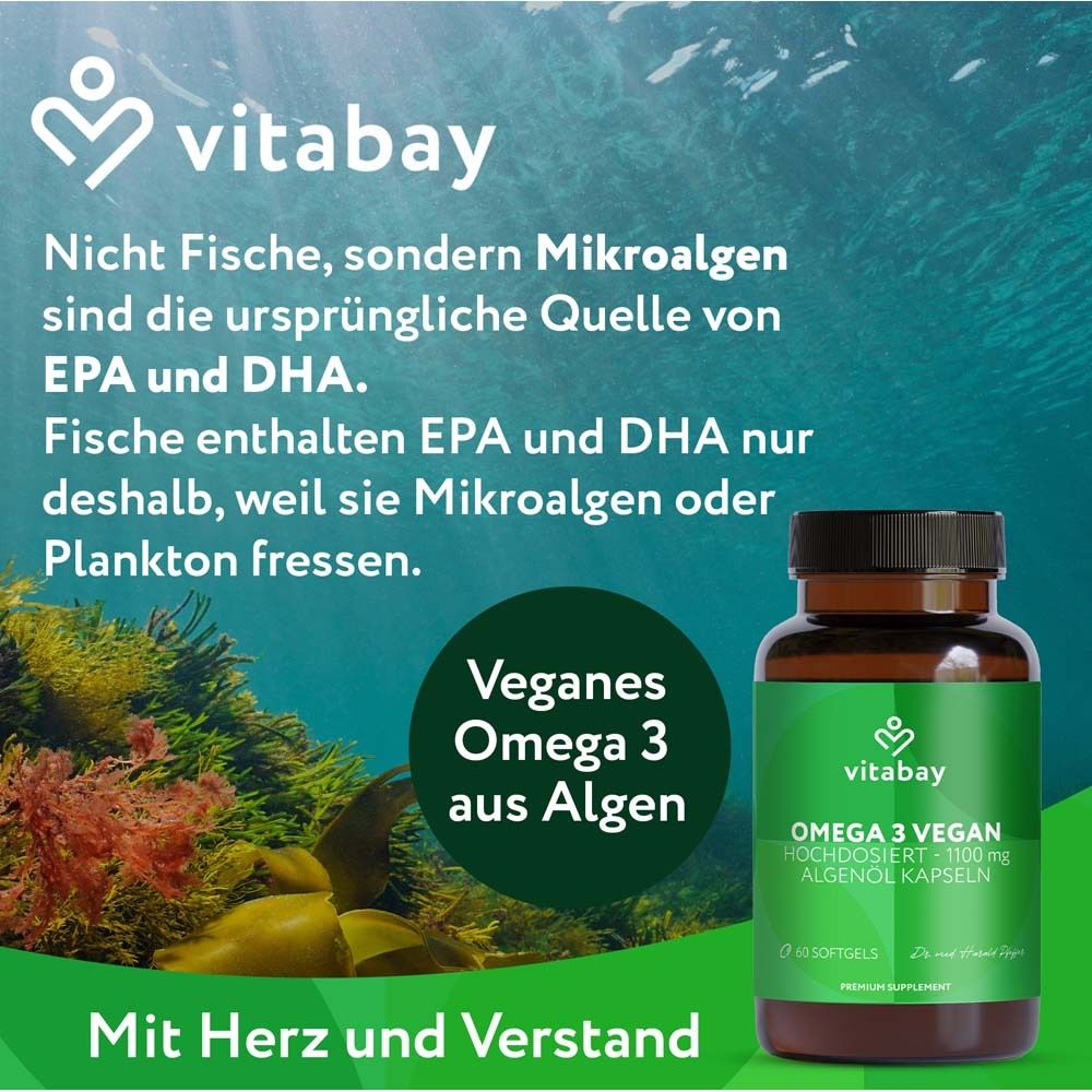 Image publicitaire avec "vitabay® Omega 3 vegan" et scène sous-marine. Texte sur les algues.