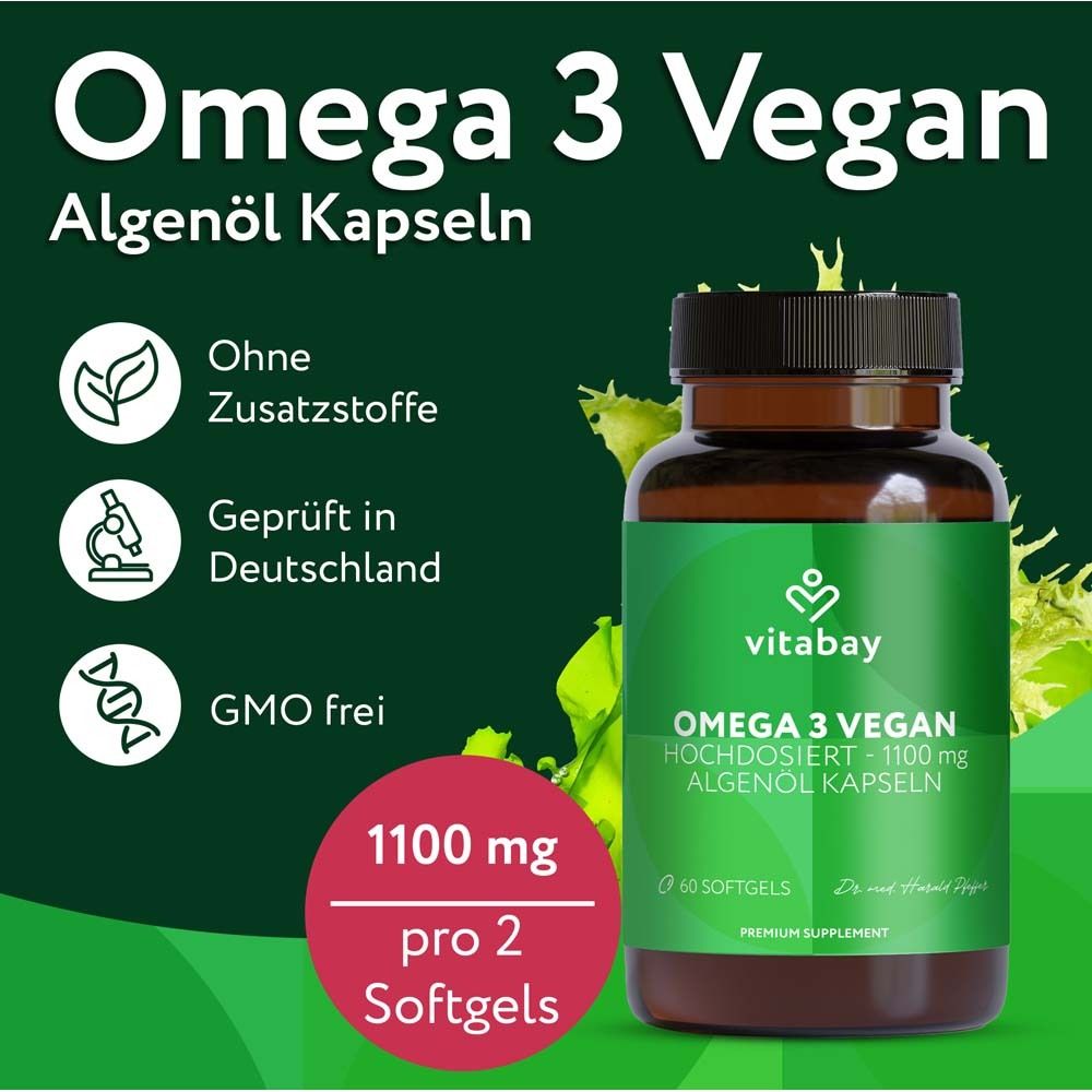 Flacon "Omega 3 Vegan" avec texte. 1100 mg pour 2 gélules. Sans additifs, testé en Allemagne, sans OGM.