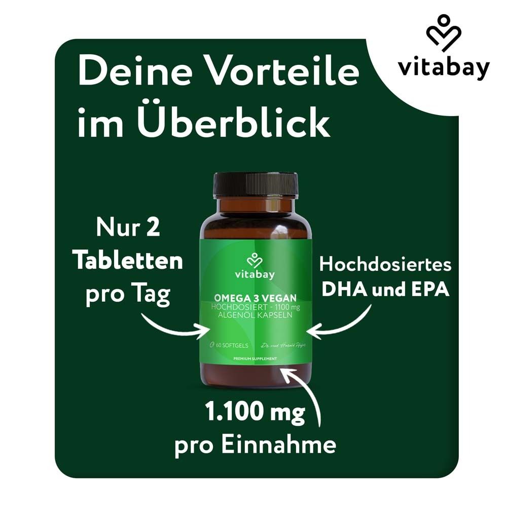 Flasche mit Text: 1.100 mg pro Einnahme. Hochdosiertes DHA und EPA. Logo vitabay.
