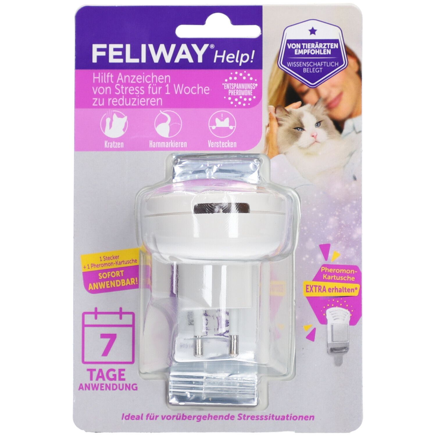Feliway Help! Starter-Set. Weiße Verdampfer-Einheit in Blisterverpackung. Enthält eine Pheromon-Kartusche. Aufdruck: "Von Tierärzten empfohlen".