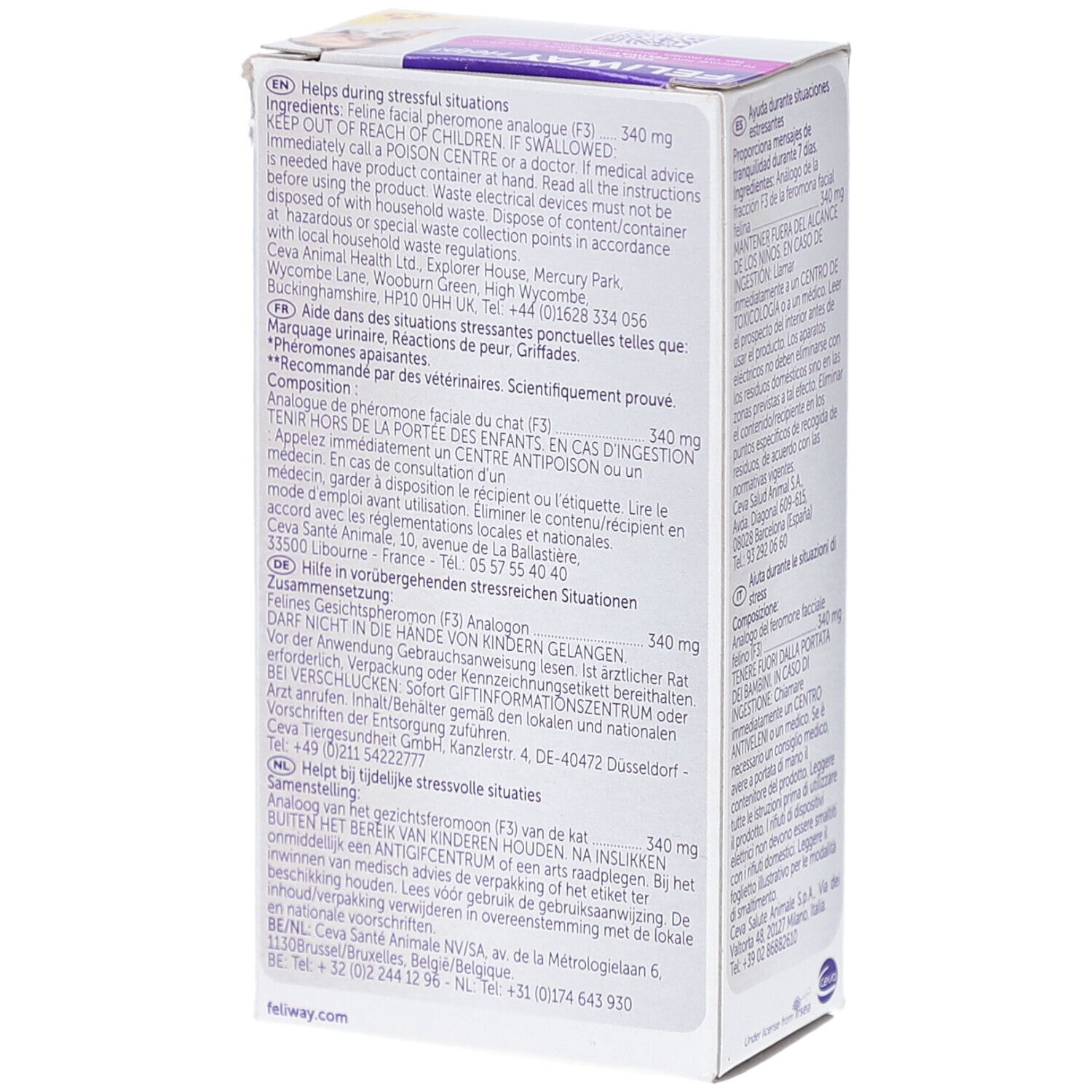Emballage Feliway Help! Texte en allemand, anglais, français, italien, néerlandais, suédois, finnois.