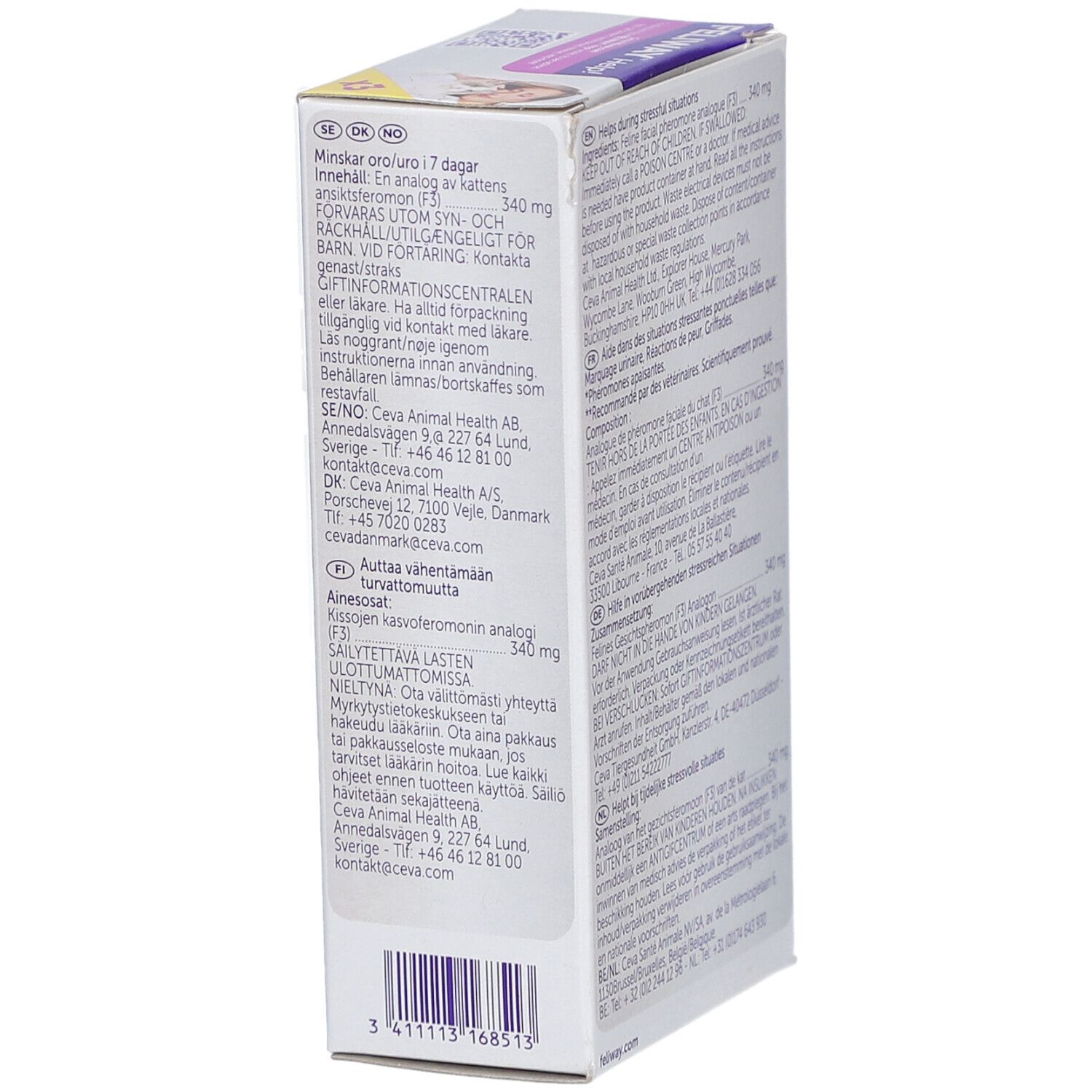 Emballage Feliway Help! Texte en allemand, anglais, français, italien, néerlandais, suédois, finnois.