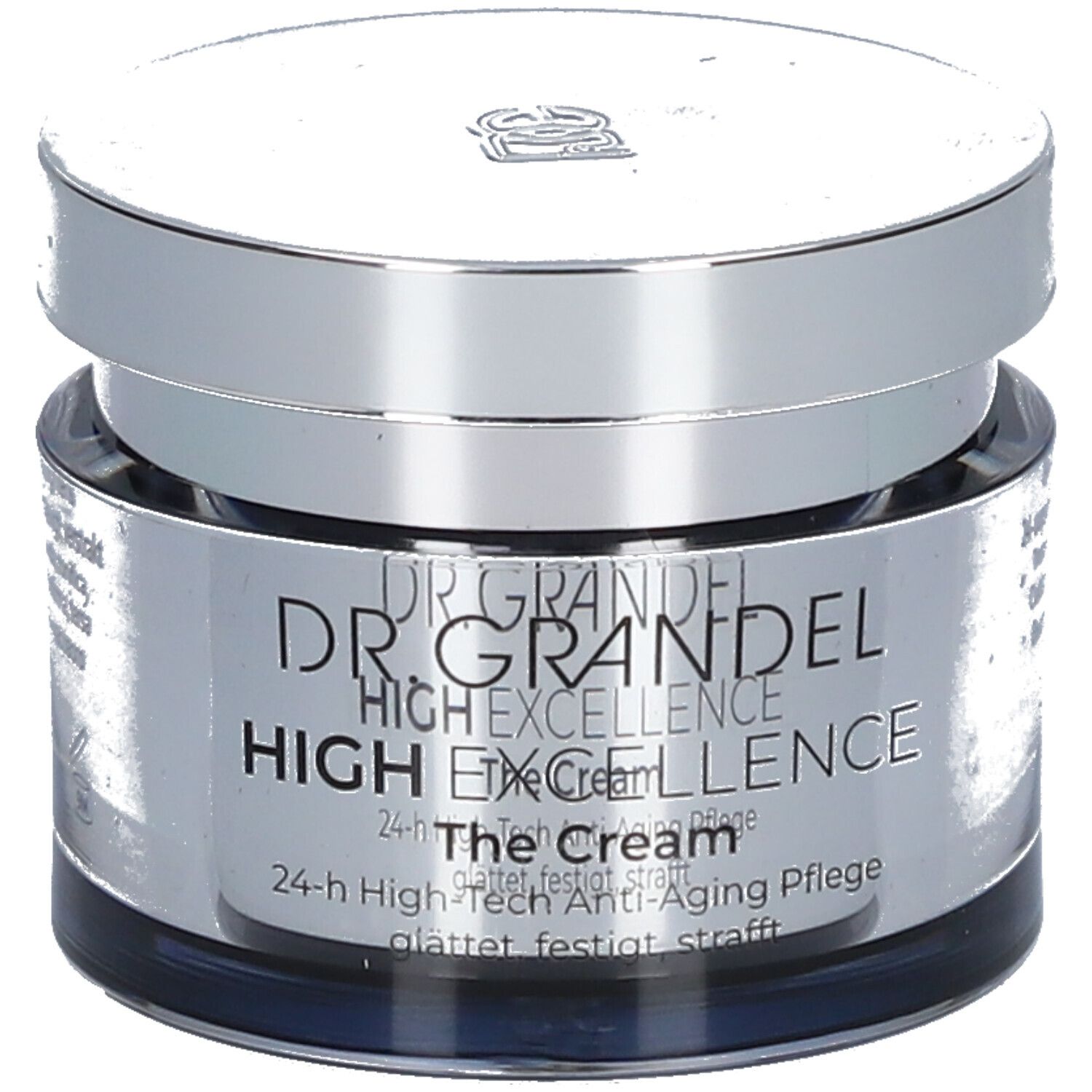 Creme-Tiegel mit silberfarbenem Deckel. Auf dem Etikett steht "DR. GRANDEL HIGH EXCELLENCE The Cream".