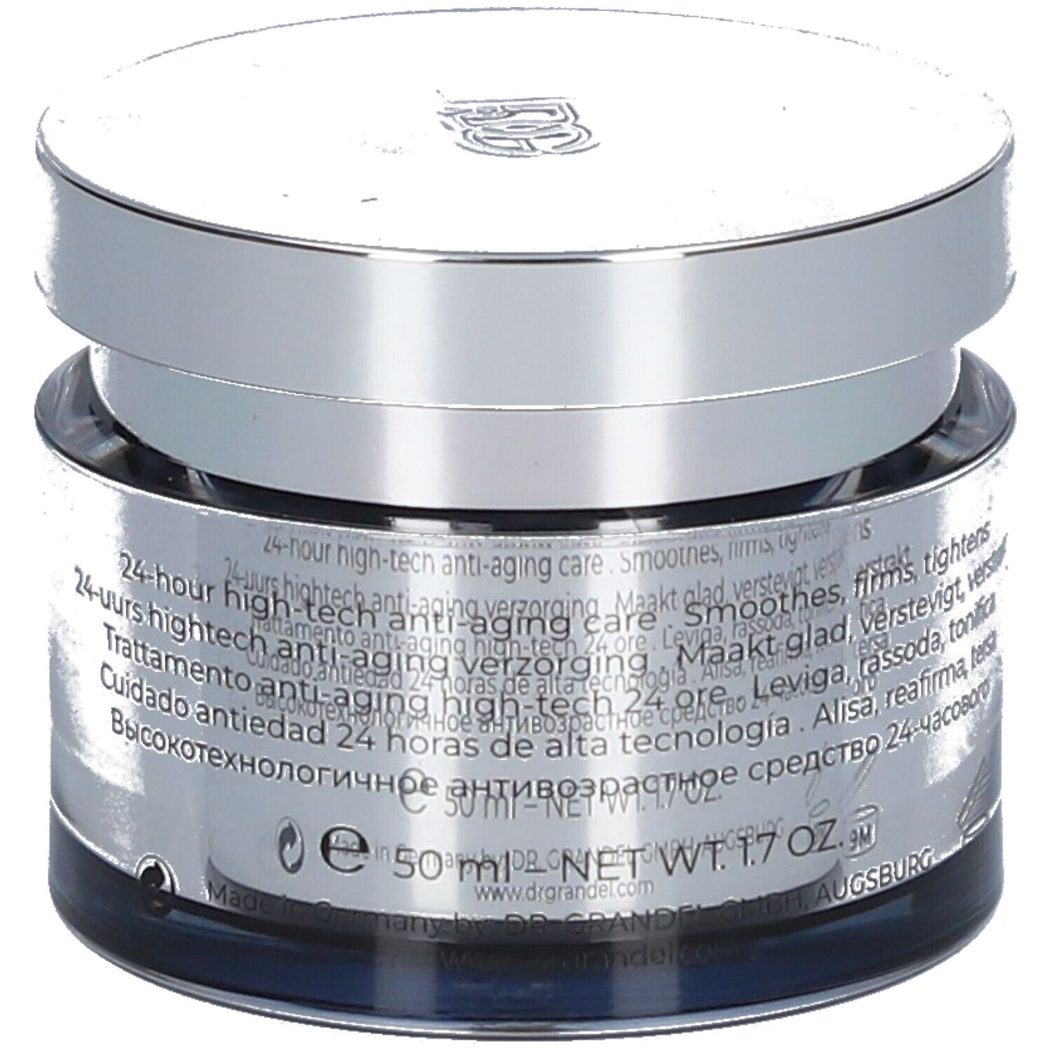Creme-Tiegel mit silberfarbenem Deckel. Auf dem Etikett stehen Produktinformationen und "DR. GRANDEL HIGH EXCELLENCE".