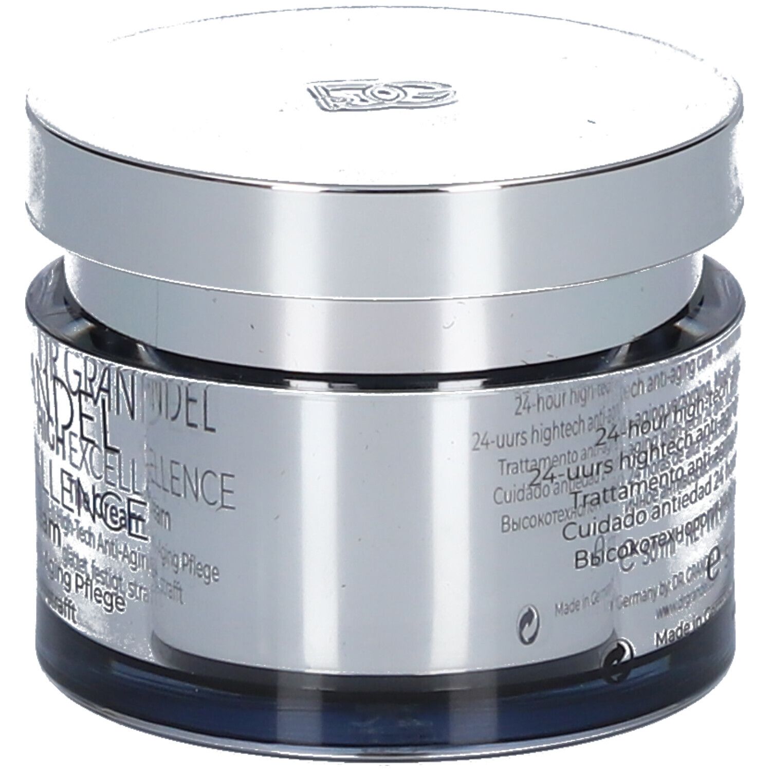 Creme-Tiegel mit silberfarbenem Deckel. Auf dem Etikett stehen Produktinformationen und "DR. GRANDEL HIGH EXCELLENCE".
