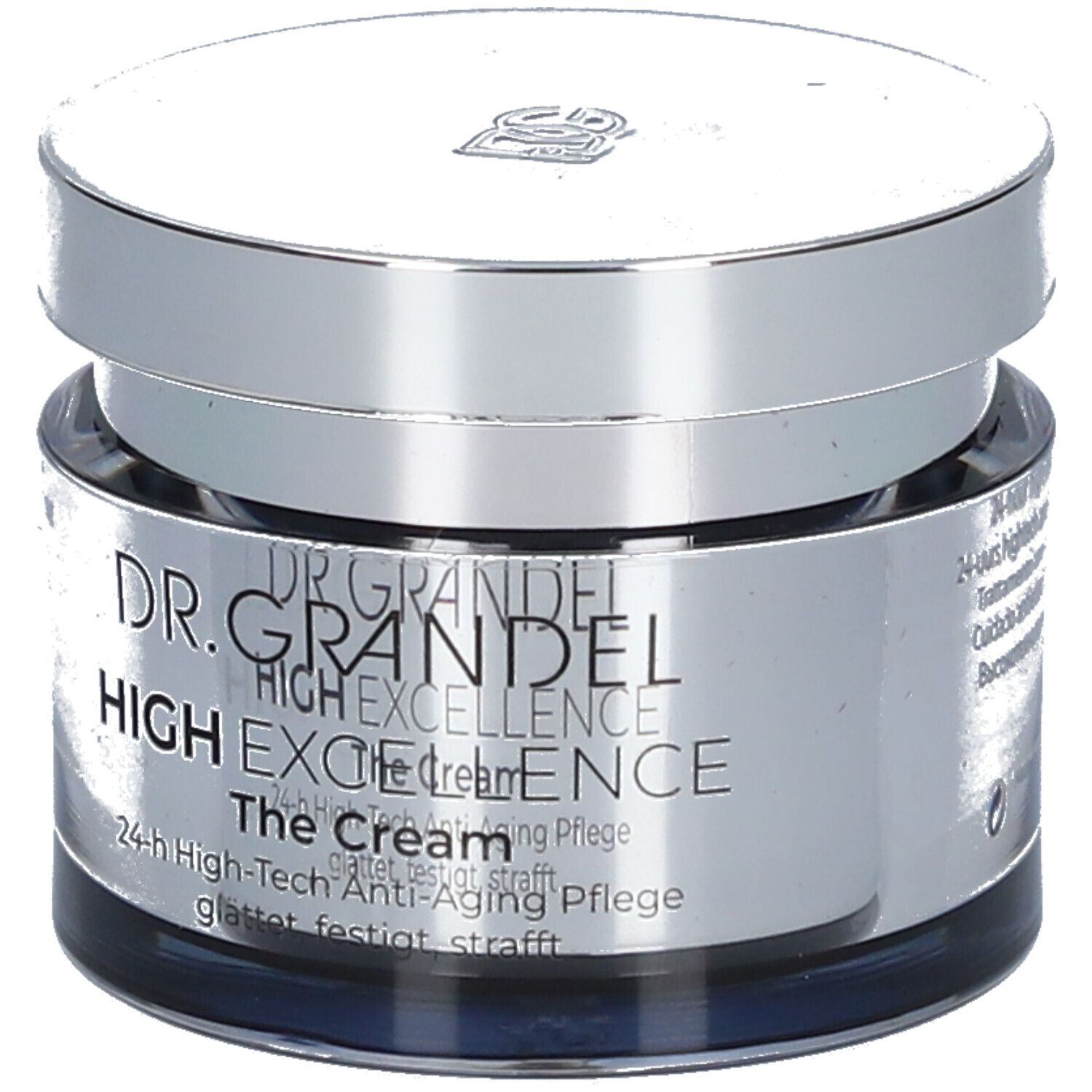 Creme-Tiegel mit silberfarbenem Deckel. Auf dem Etikett steht "DR. GRANDEL HIGH EXCELLENCE The Cream".
