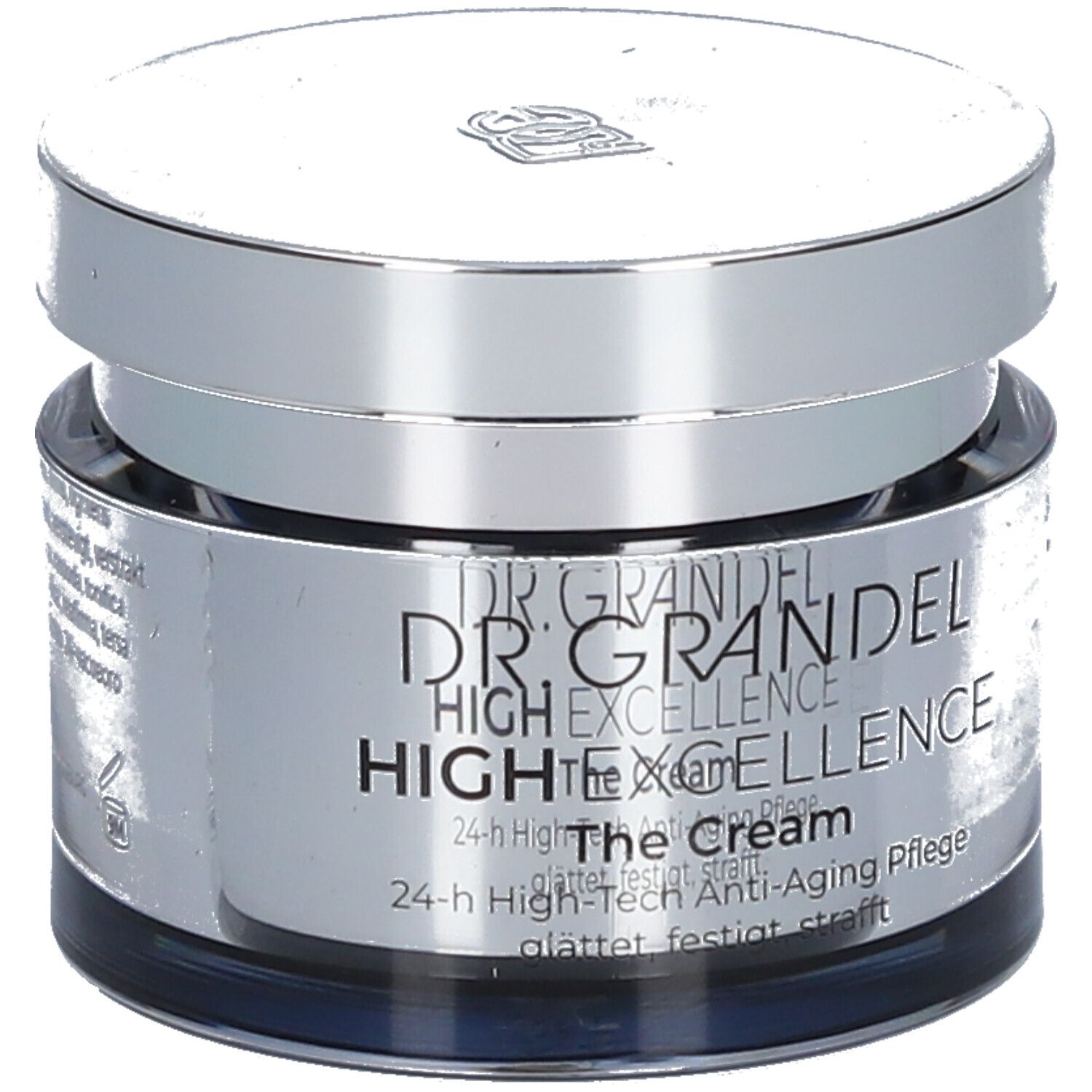 Creme-Tiegel mit silberfarbenem Deckel. Auf dem Etikett steht "DR. GRANDEL HIGH EXCELLENCE The Cream".