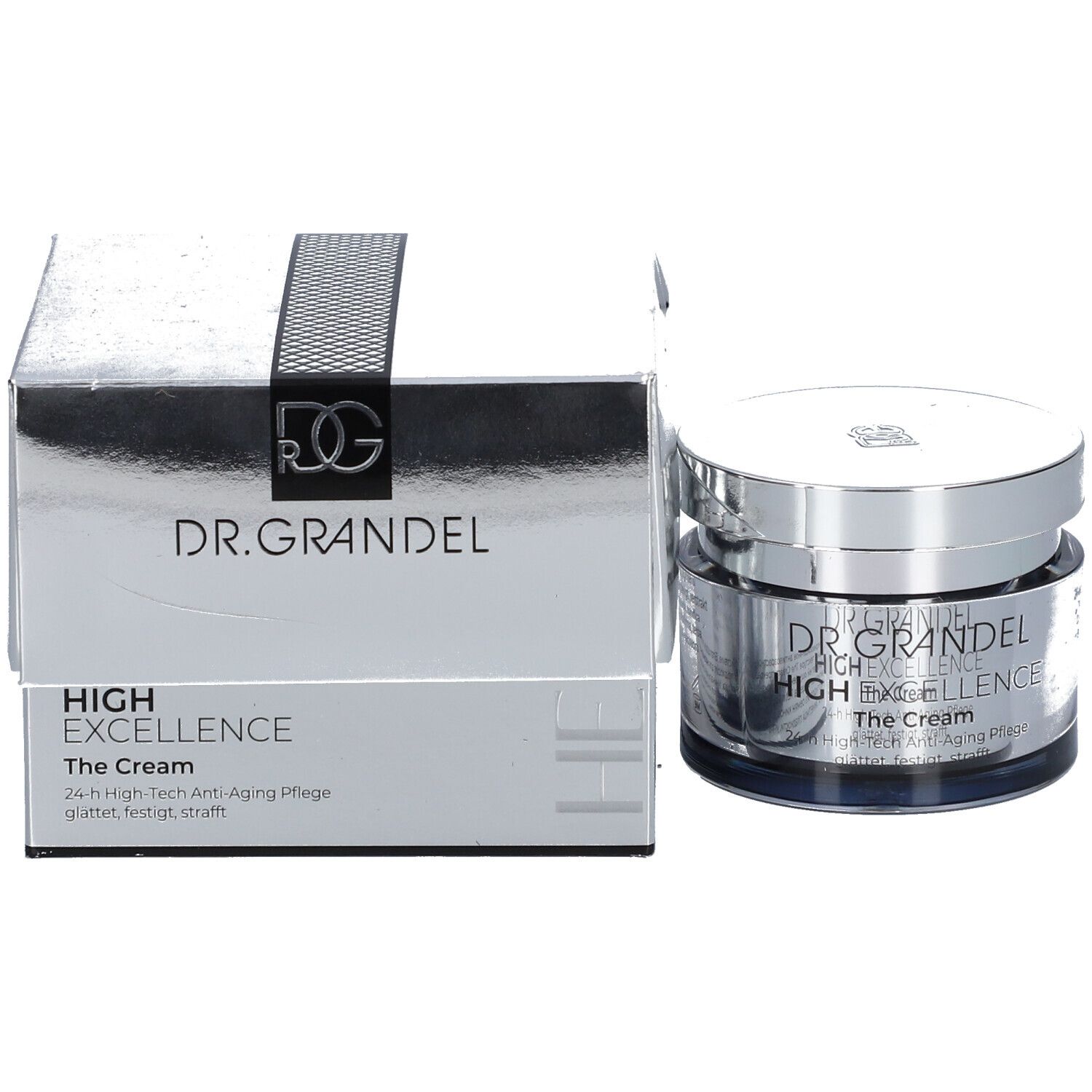 Creme-Tiegel und Schachtel. Auf der Schachtel steht "DR. GRANDEL HIGH EXCELLENCE The Cream".