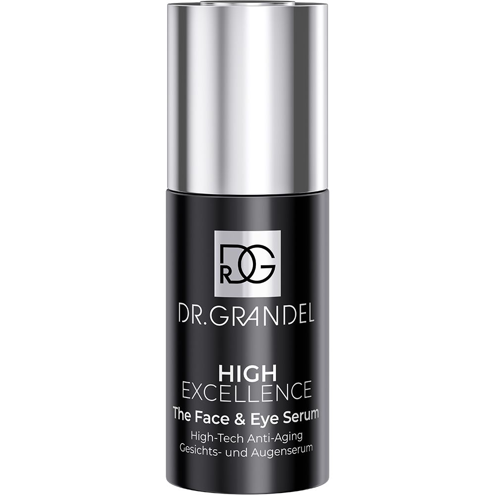 Schwarze Flasche mit silbernem Deckel. Aufschrift: DR. GRANDEL, HIGH EXCELLENCE, The Face & Eye Serum.