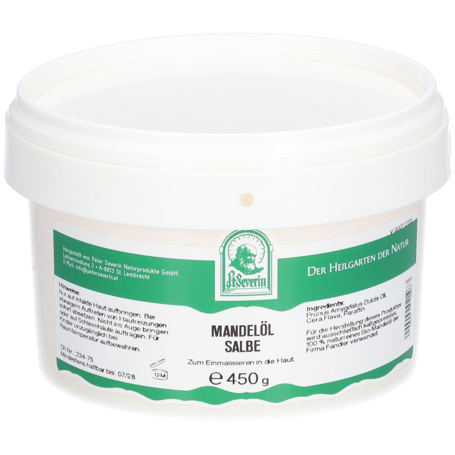 Seau blanc avec couvercle. Inscription : Mandelöl Salbe, e 450 g. Logo : P. Severin. Texte en vert.