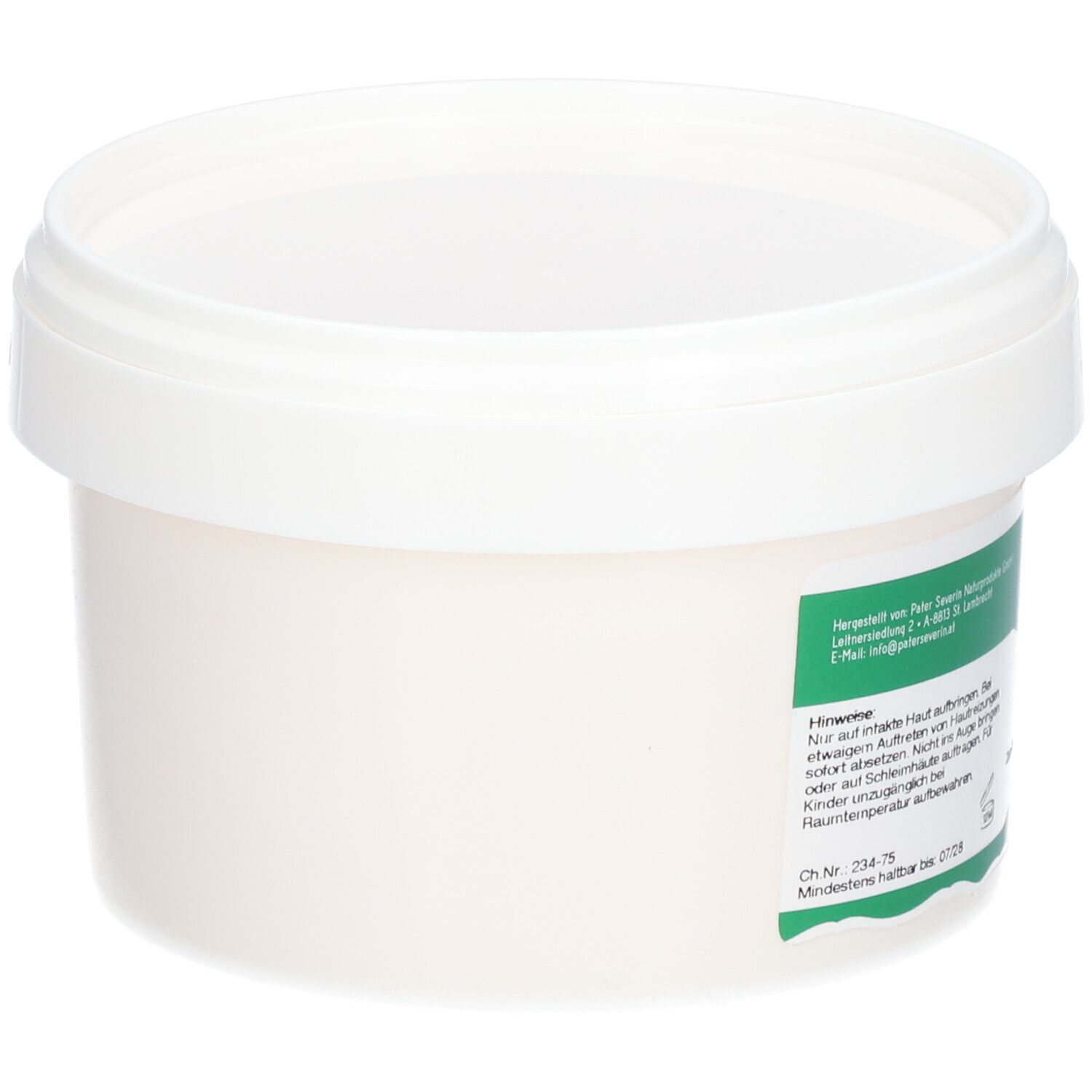 Seau blanc avec couvercle. Inscription verte avec texte. Logo : P. Severin. Texte en allemand.