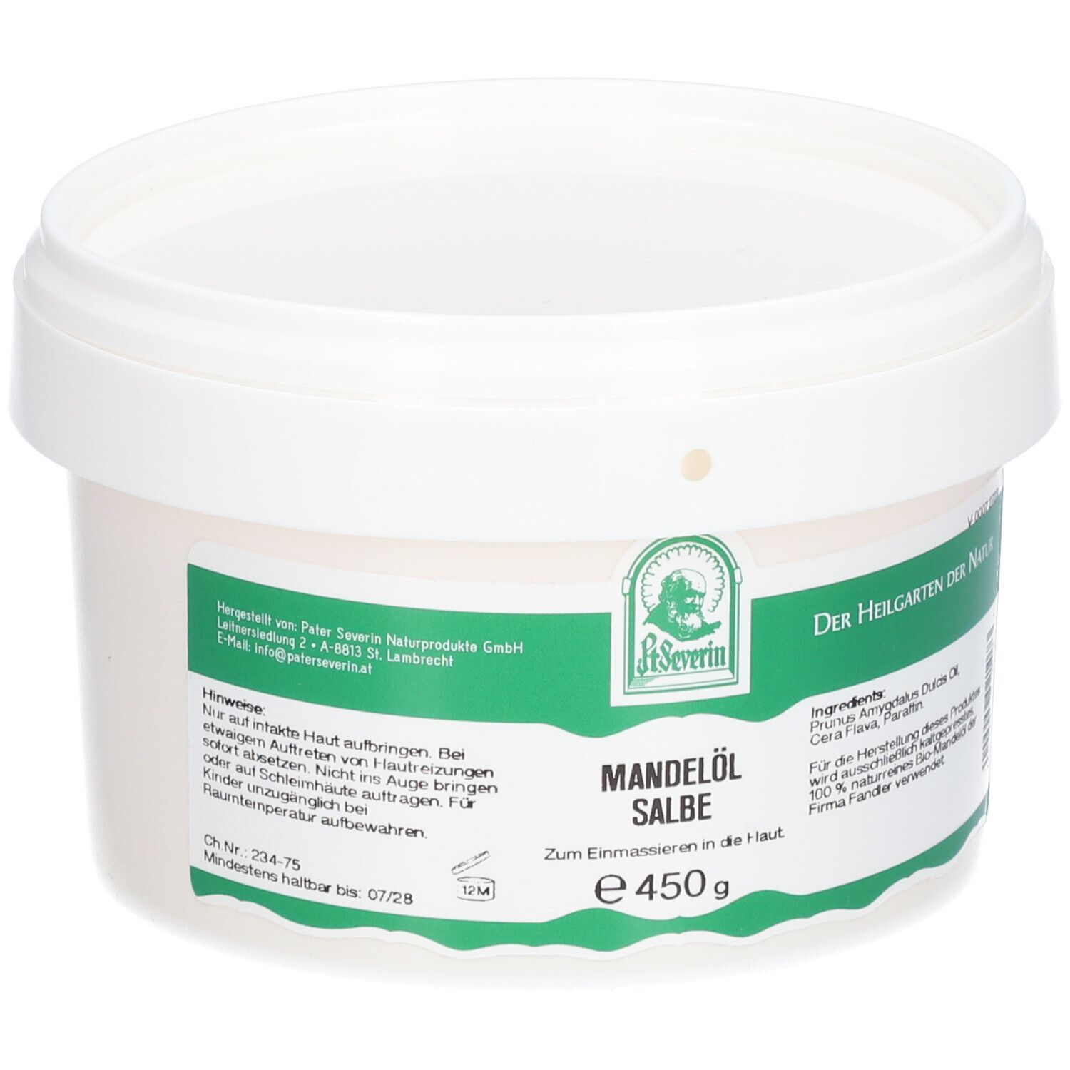 Seau blanc avec couvercle. Inscription : Mandelöl Salbe, e 450 g. Logo : P. Severin. Texte en vert.