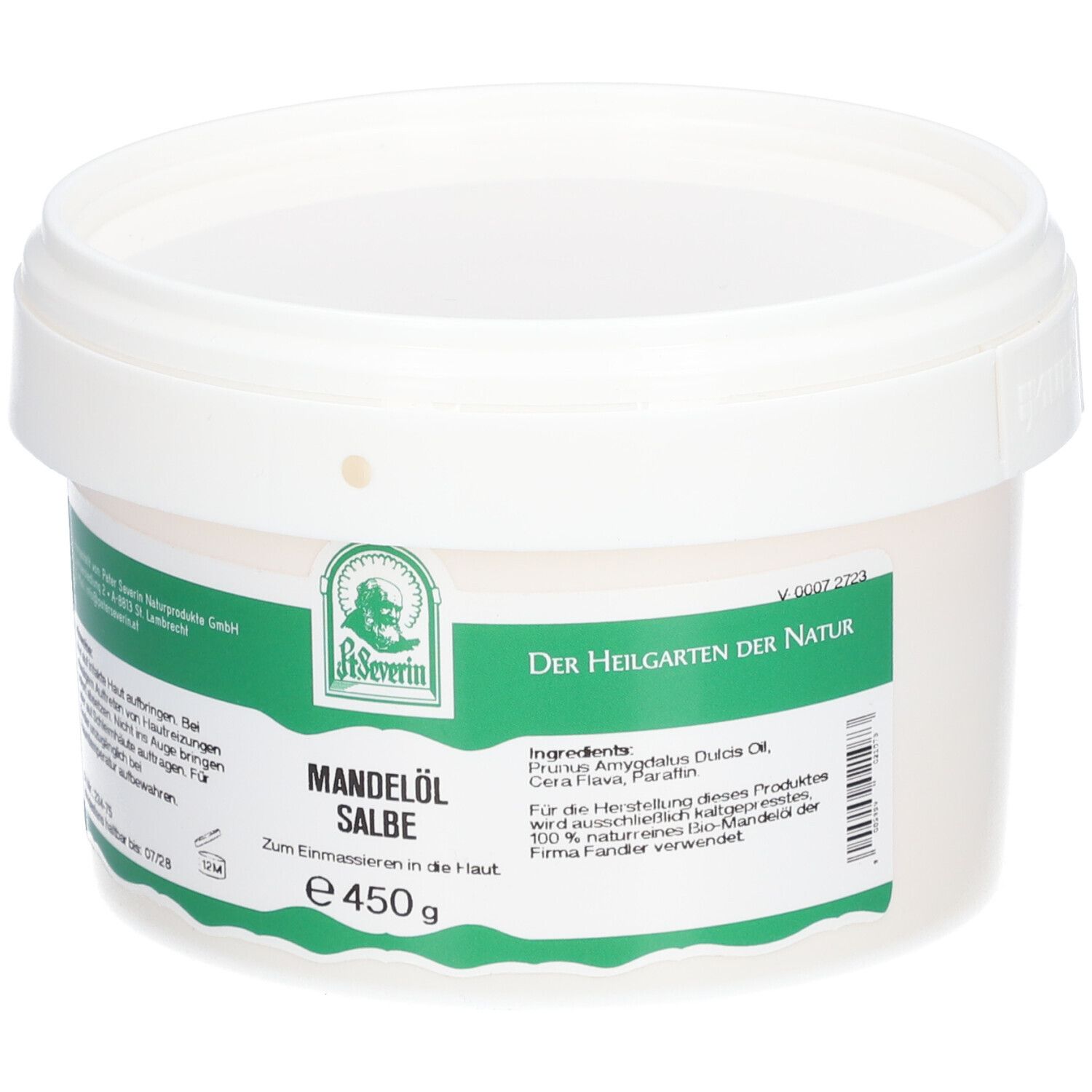 Seau blanc avec couvercle. Inscription : Mandelöl Salbe, e 450 g. Logo : P. Severin. Texte en vert.