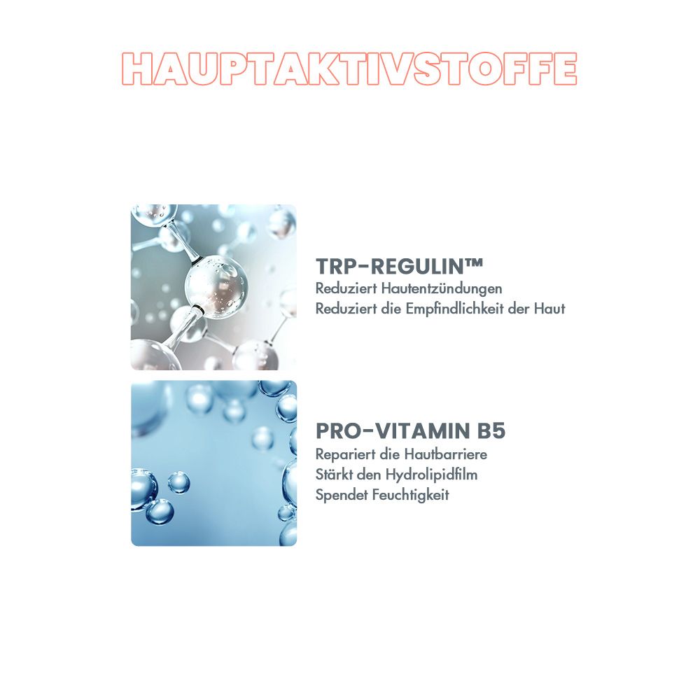 Hauptwirkstoffe: TRP-Regulin reduziert Hautempfindlichkeit. Pro-Vitamin B5 repariert.