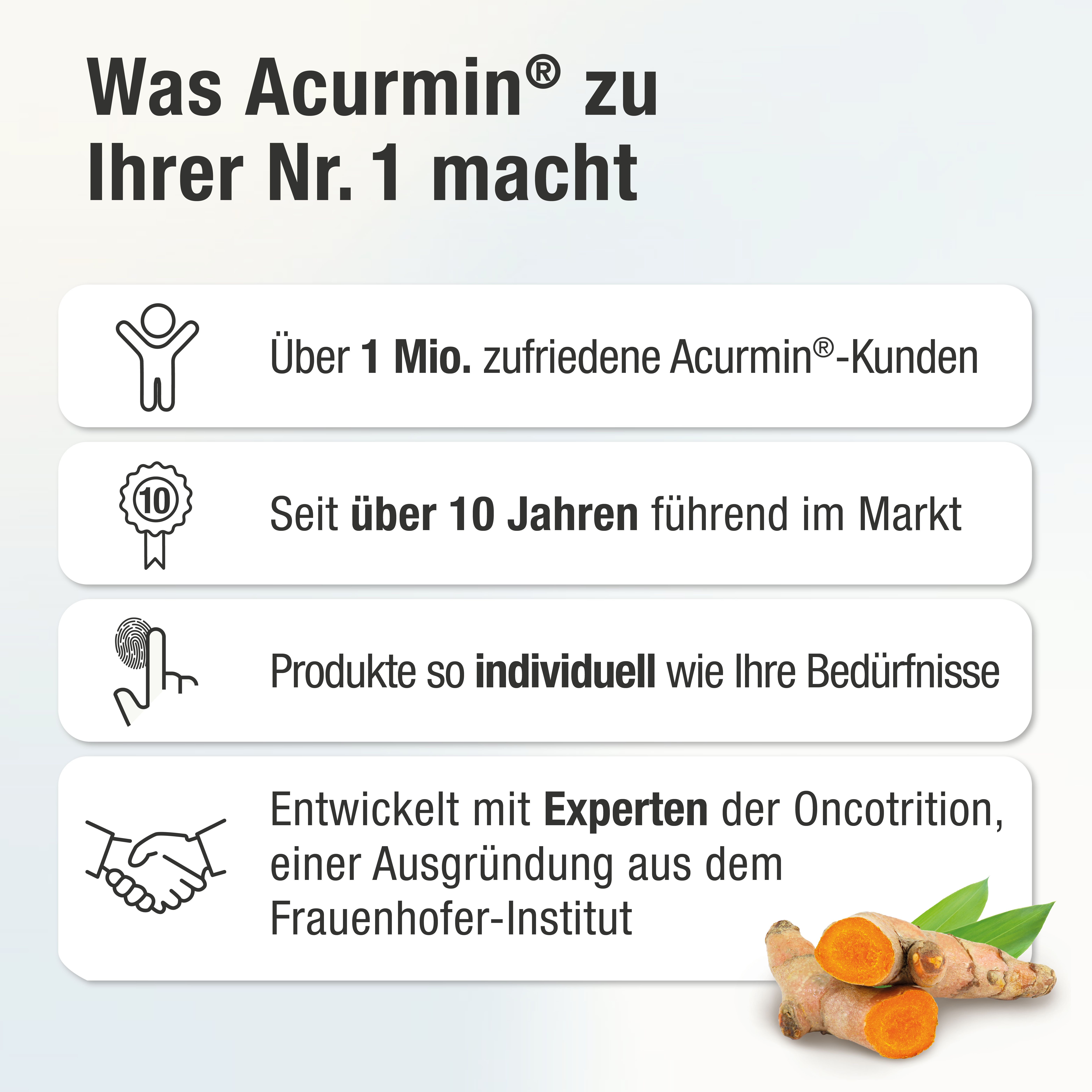 Infographie avec texte et icônes. Inscription : Ce qui fait d'Acurmin votre n°1. Illustrations de racines de curcuma.